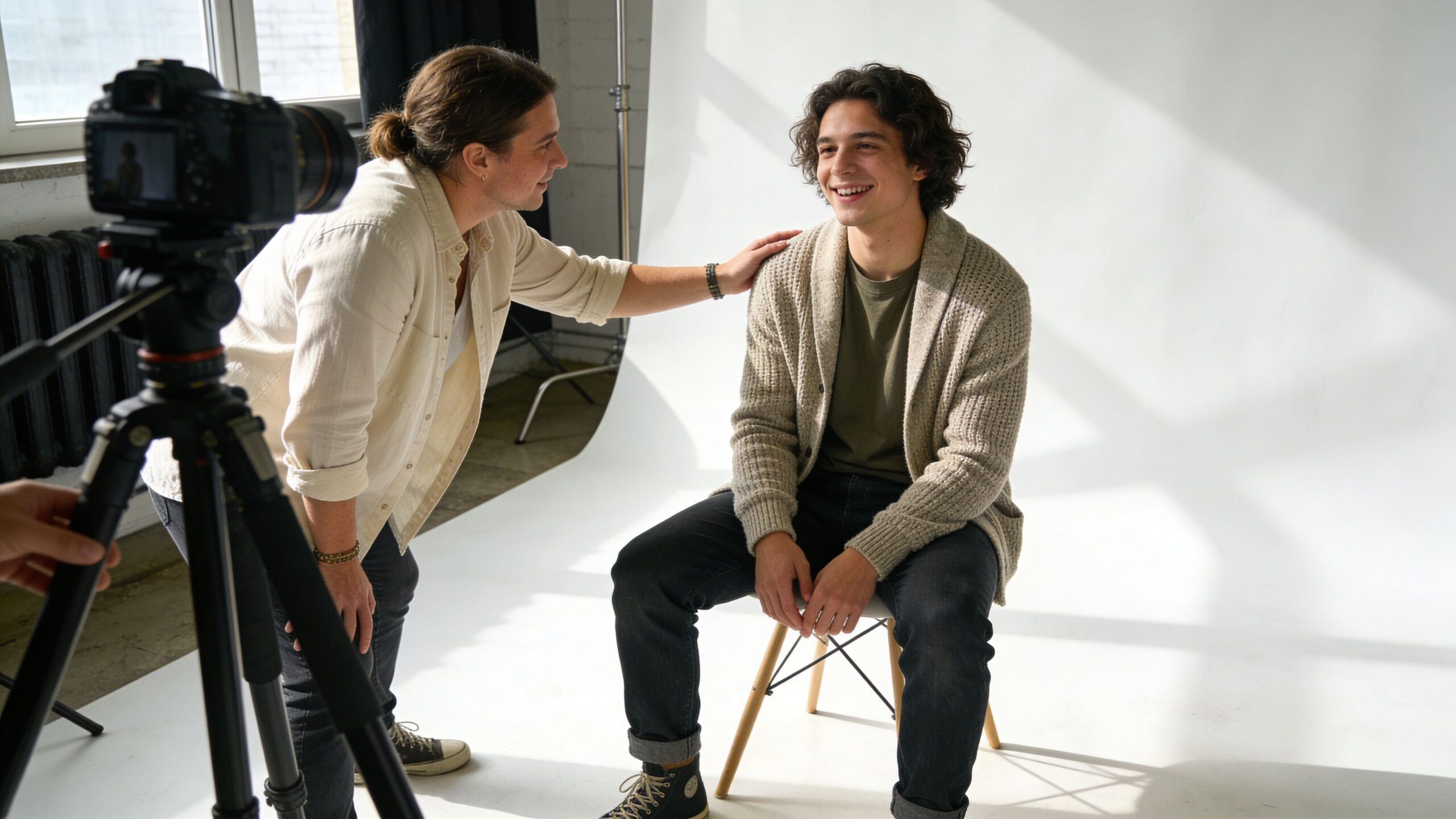 A professional photographer directing a male model during a studio portrait session with white background lighting.