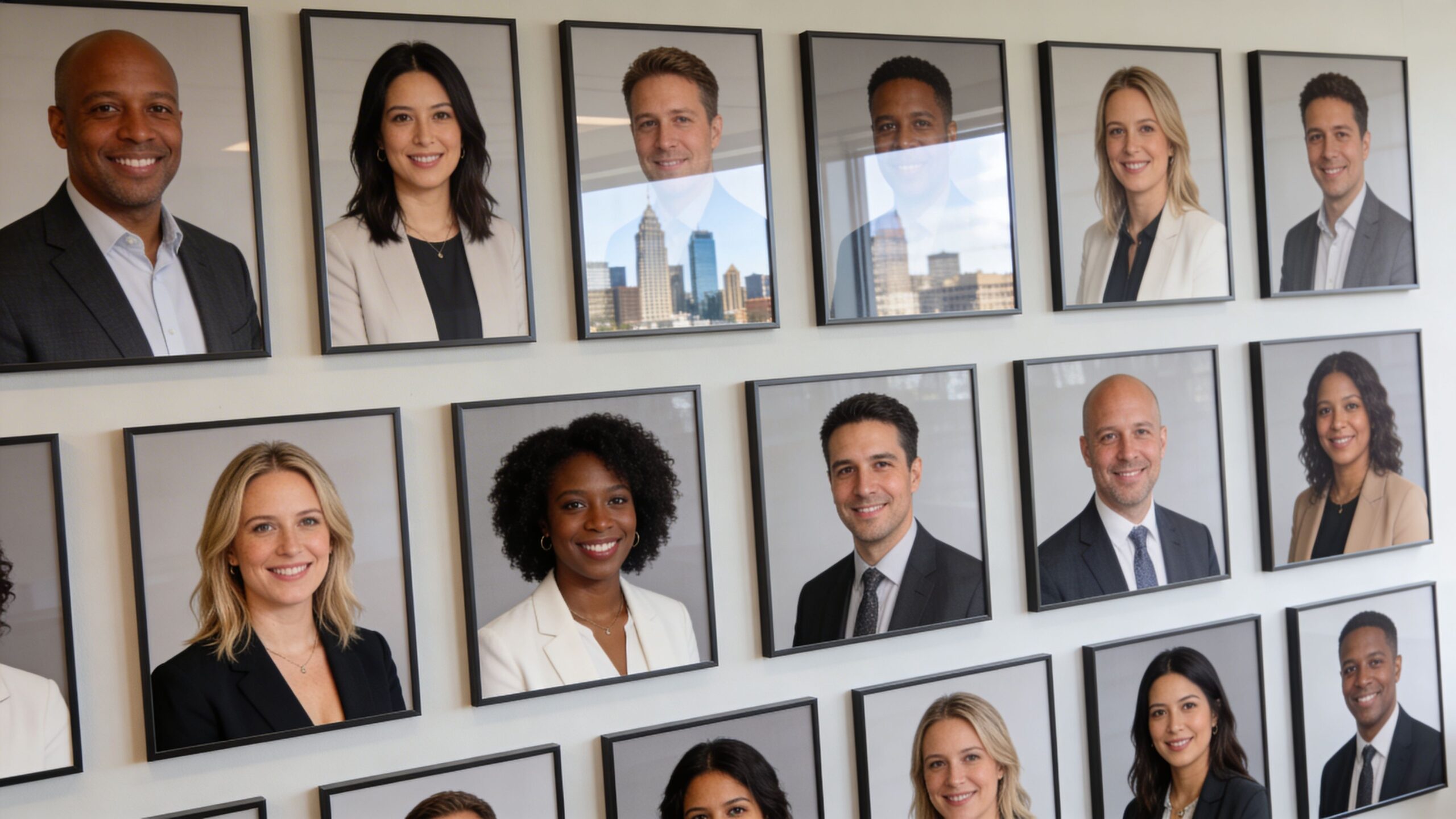 A display wall featuring multiple framed corporate headshot portraits of diverse professional men and women.