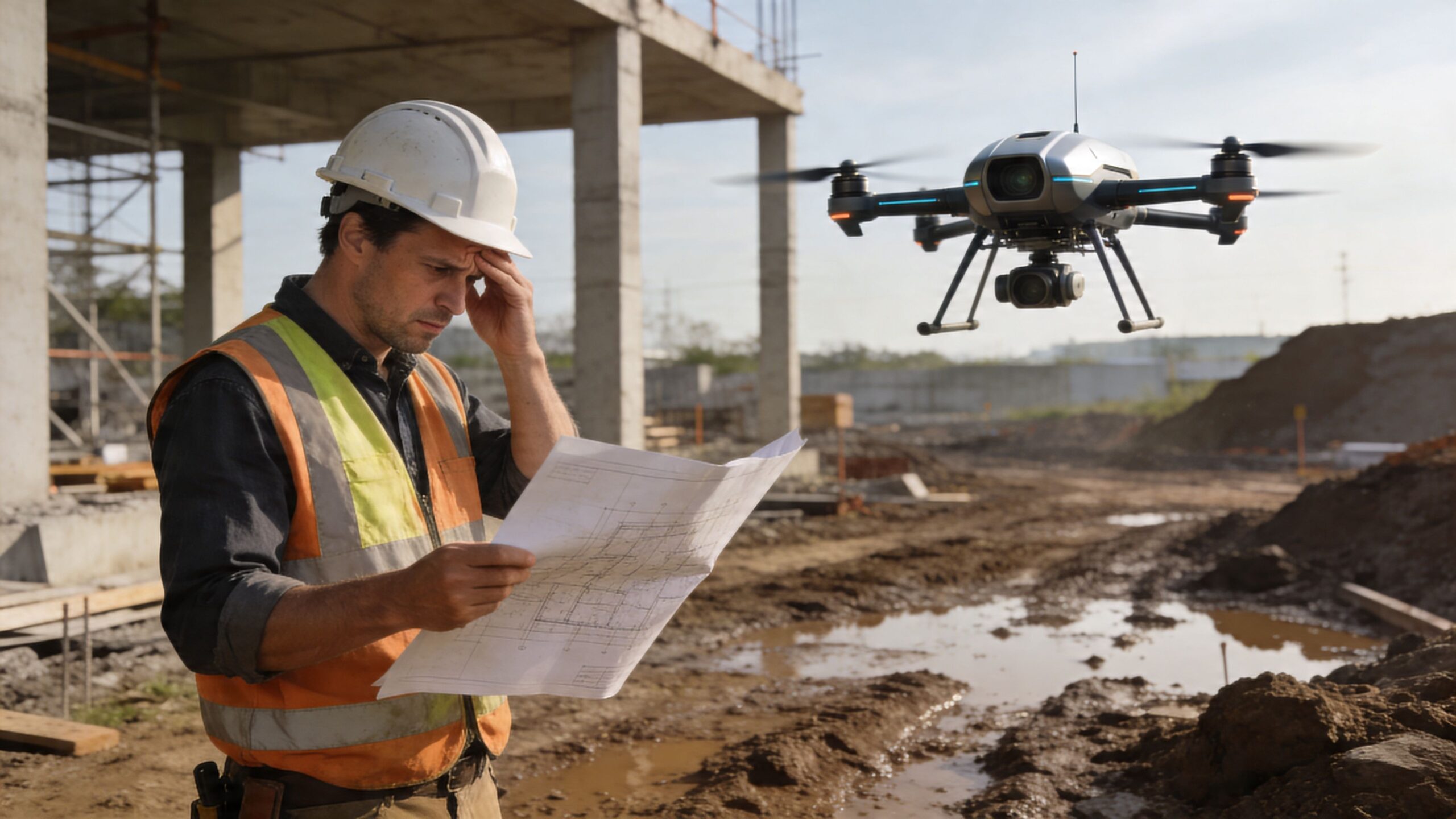 A stressed construction manager looking at blueprints while a drone conducts a site survey at a muddy building site.