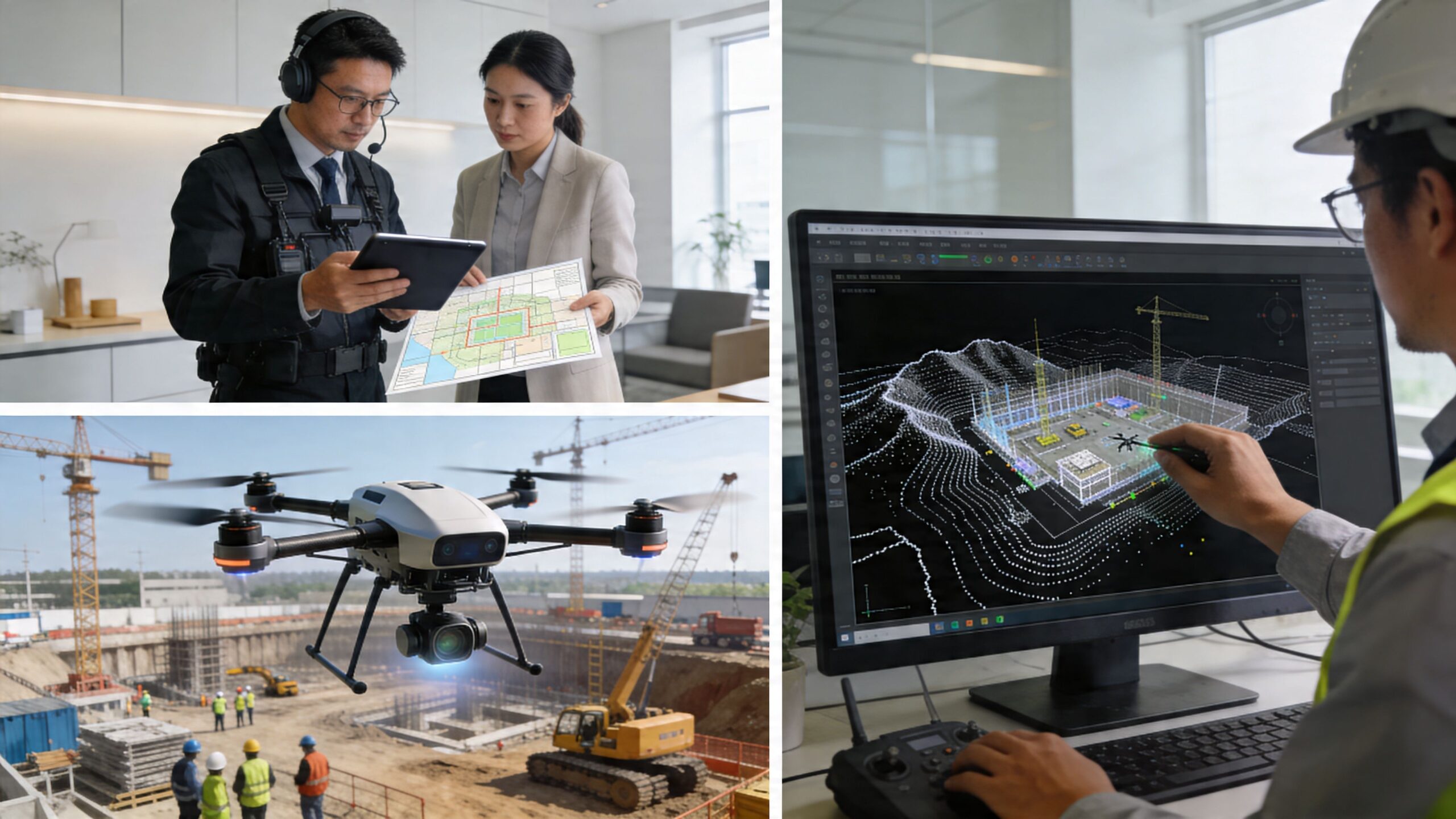 Professionals use drones and 3D modeling software for efficient construction site surveying and planning.