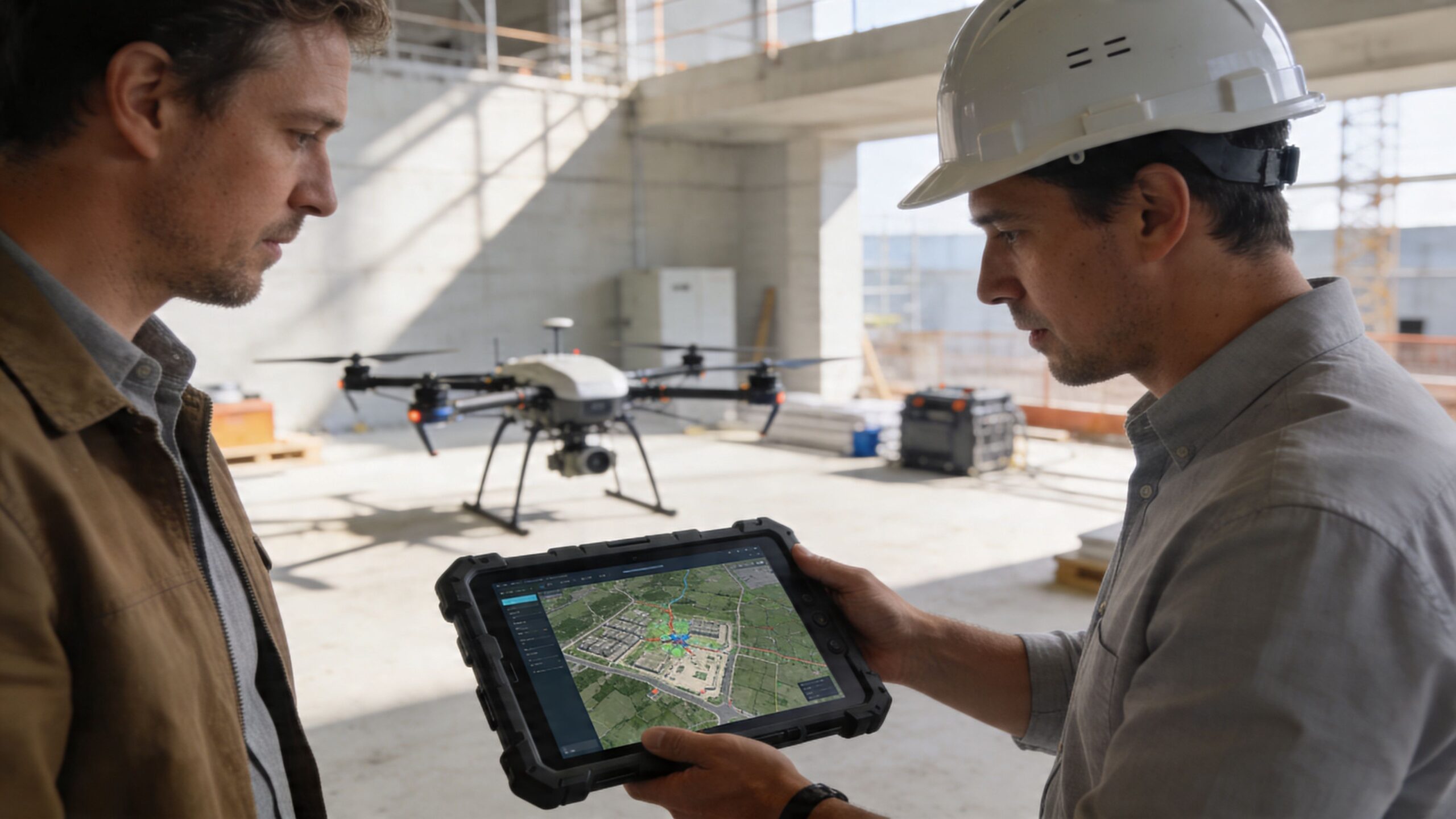 Two professionals using a tablet to review drone site surveying data on a construction site.