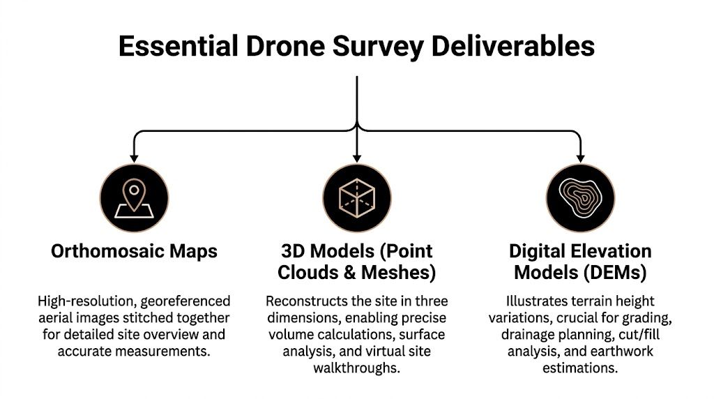 A diagram outlining essential drone survey deliverables including orthomosaic maps, 3D models, and digital elevation models.