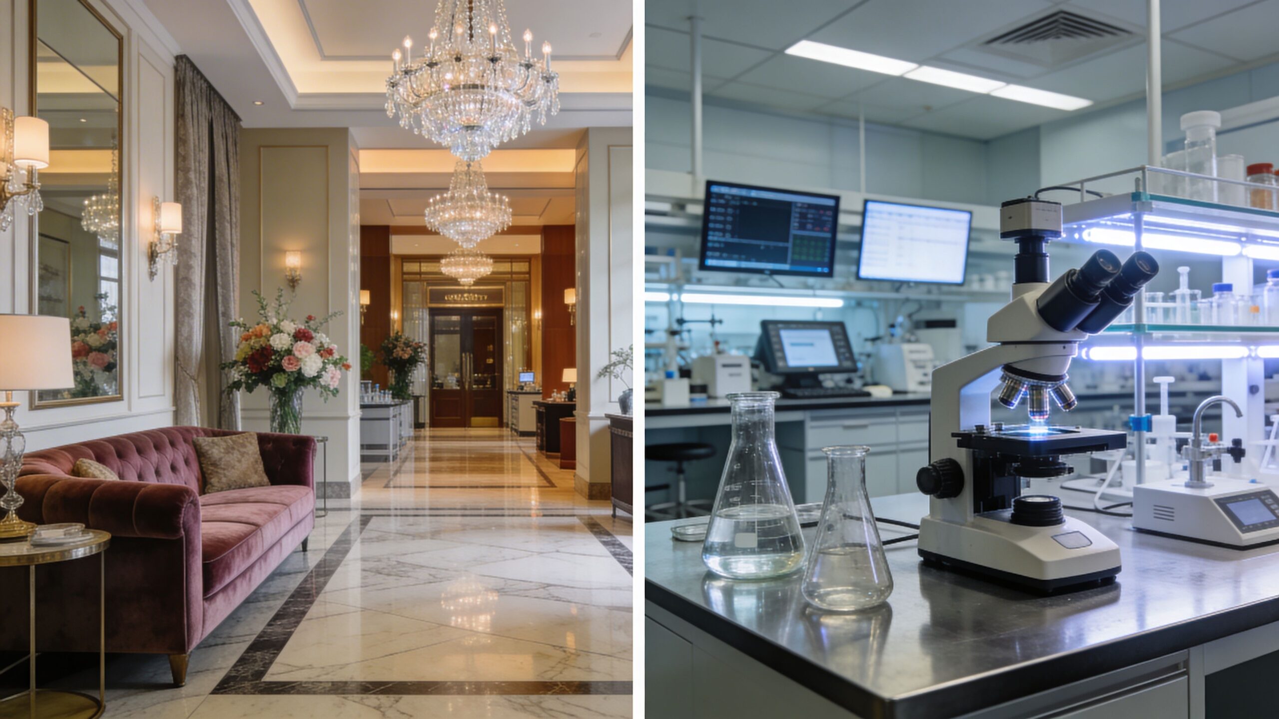 A split screen comparing a luxurious hotel lobby interior and a modern scientific laboratory workspace.