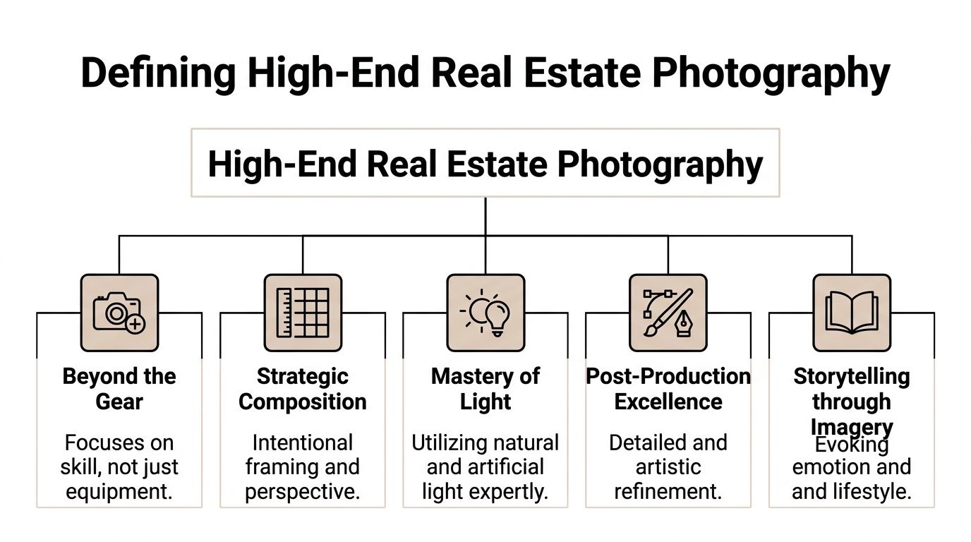 A diagram outlining the five key components that define professional high-end real estate photography for luxury marketing.