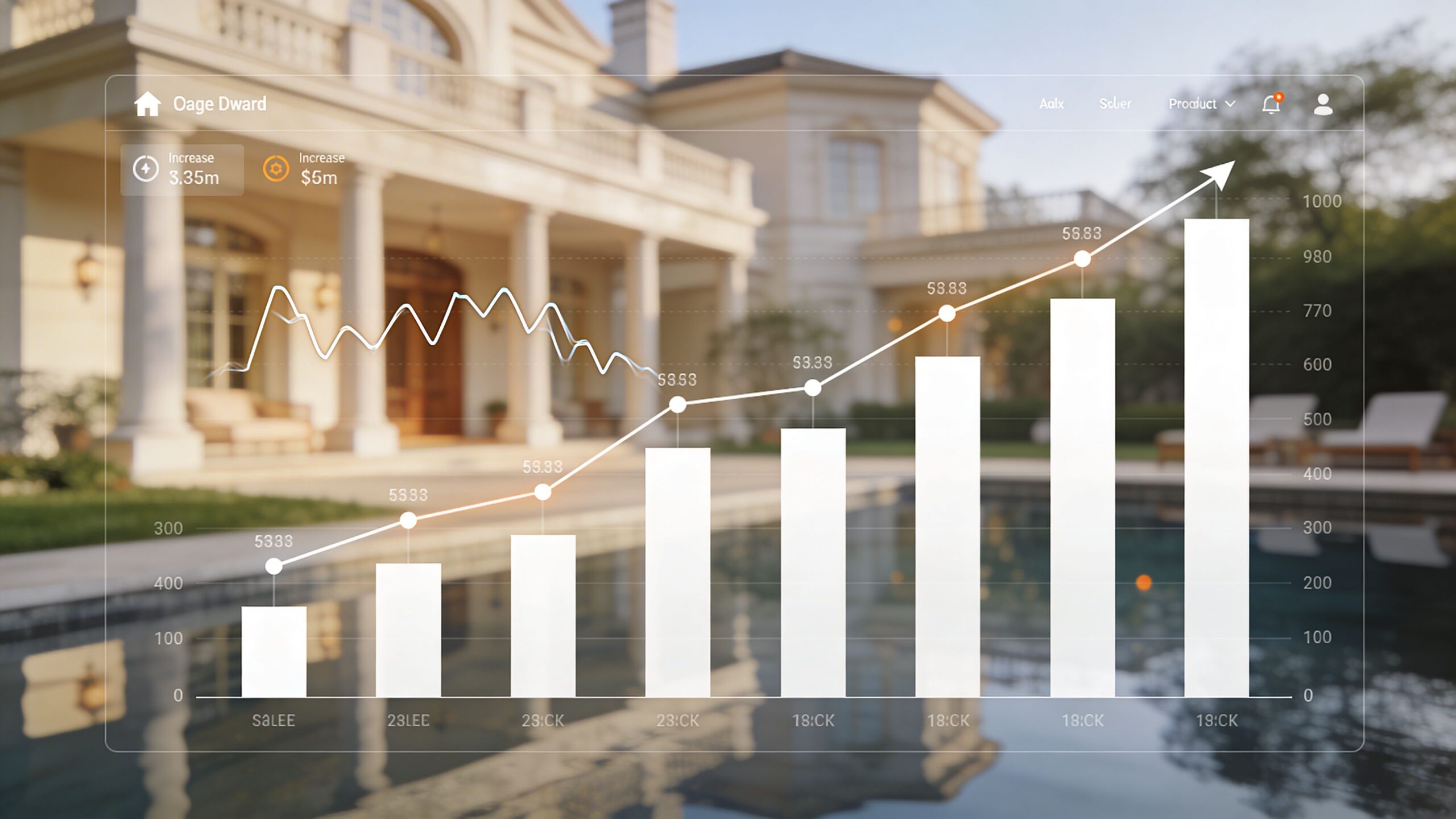 A luxurious mansion blurred in the background with a digital growth chart overlay in the foreground.