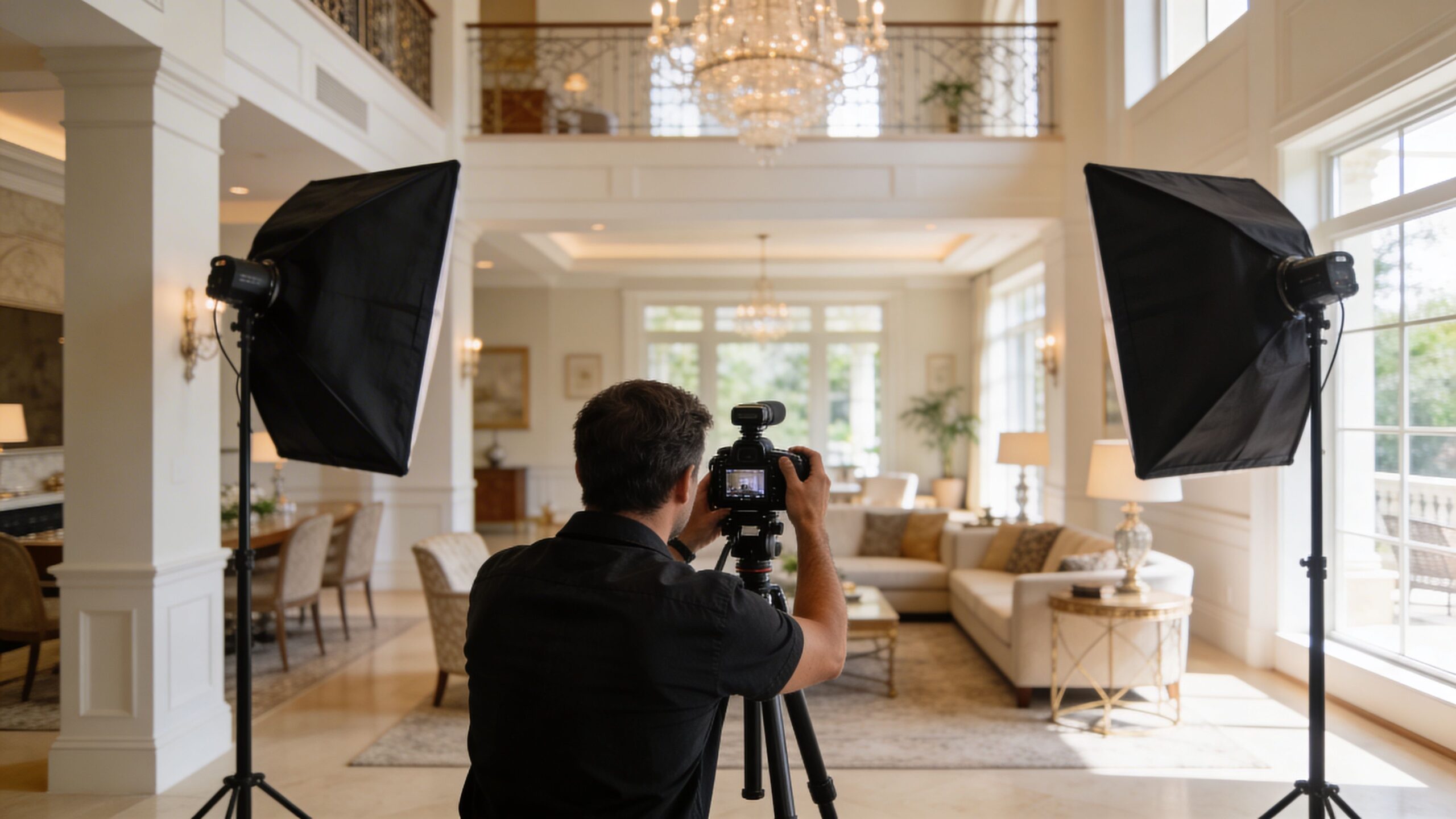 A professional photographer uses a camera on a tripod to capture high-end real estate in a luxury house.