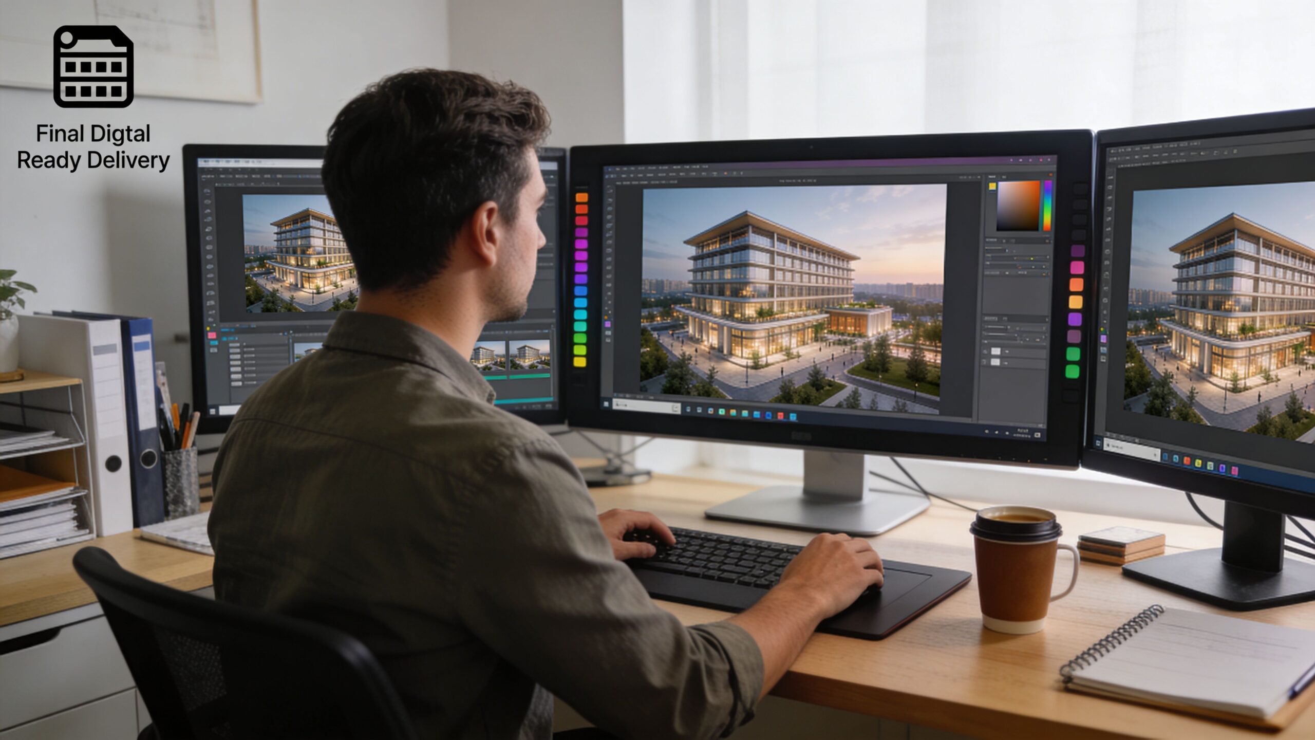 A professional architectural designer working on large building renders using multiple computer monitors at his desk.