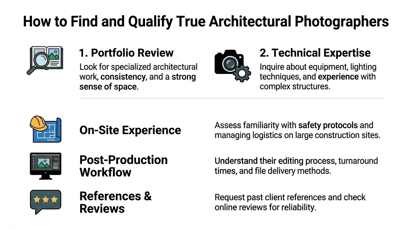 A helpful infographic titled How to Find and Qualify True Architectural Photographers with five professional tips.
