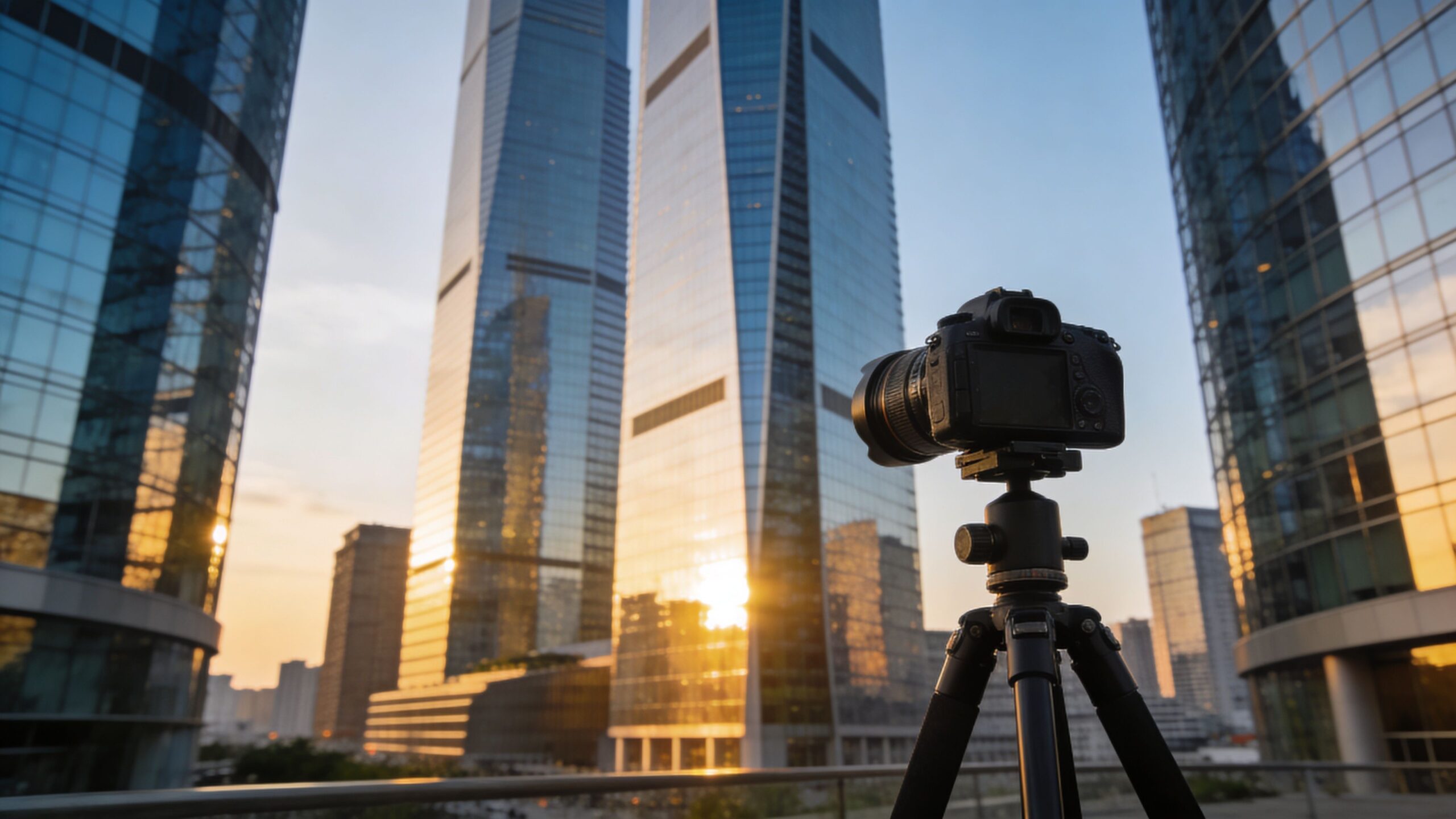 A professional DSLR camera mounted on a tripod capturing a cityscape with modern glass skyscrapers at sunset.