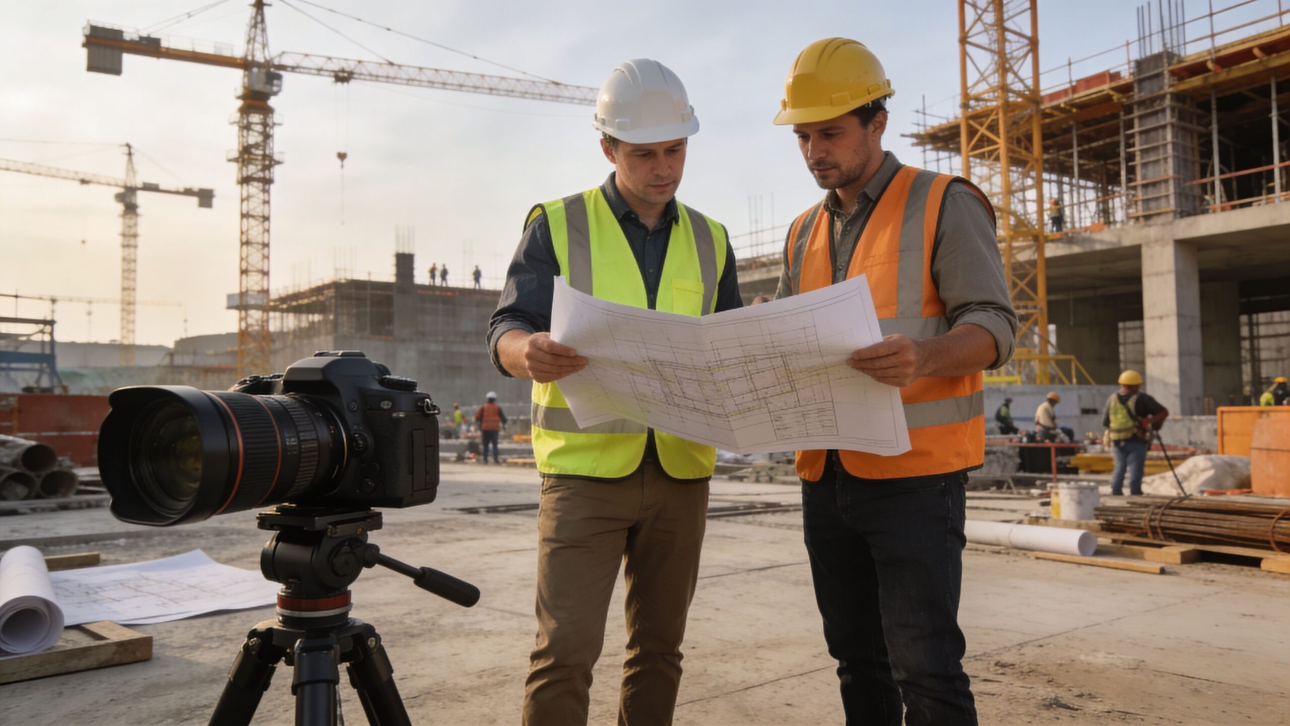 Two engineers in safety gear examine a large construction blueprint on a busy, active building project site.