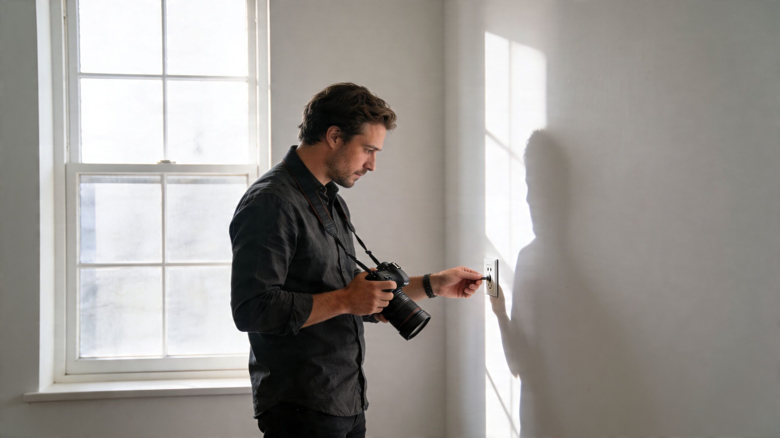 A professional photographer inspects a power outlet on a white wall before setting up for a photoshoot.