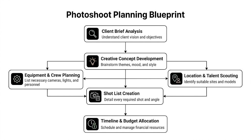 A diagram illustrating the structured steps for planning a professional photoshoot from brief to budget.
