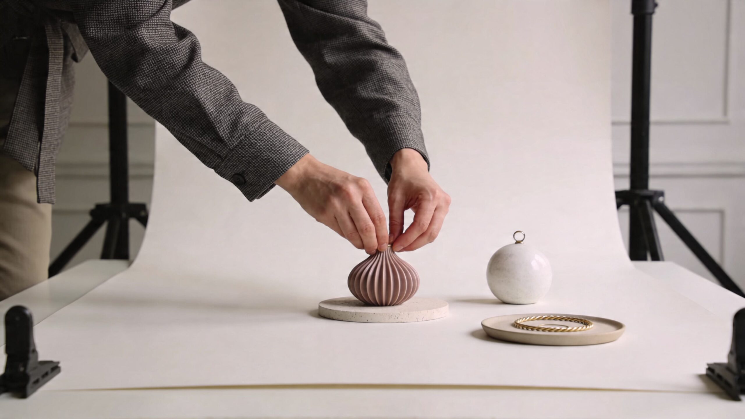 A professional stylist arranging a decorative vase on a stone coaster for a product photoshoot setup.
