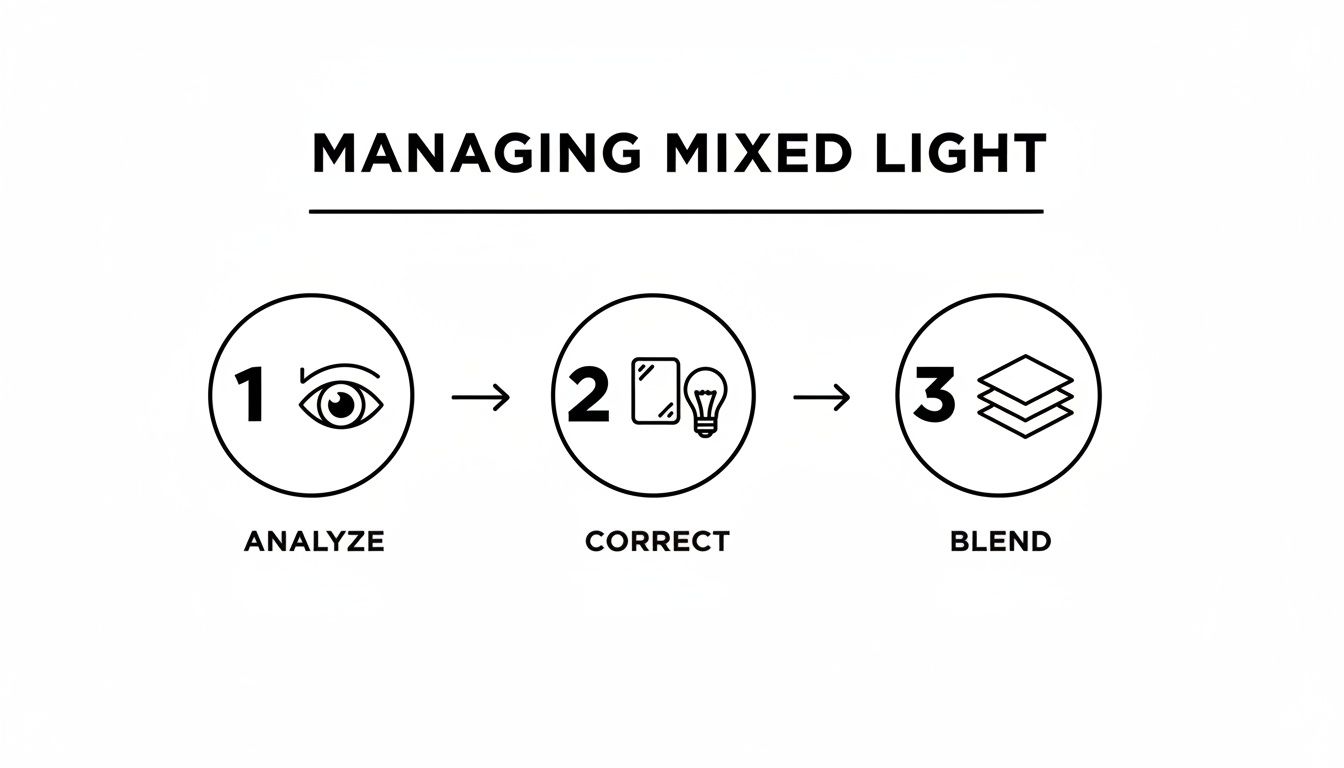 A three-step guide for managing mixed light: analyze, correct, and blend.