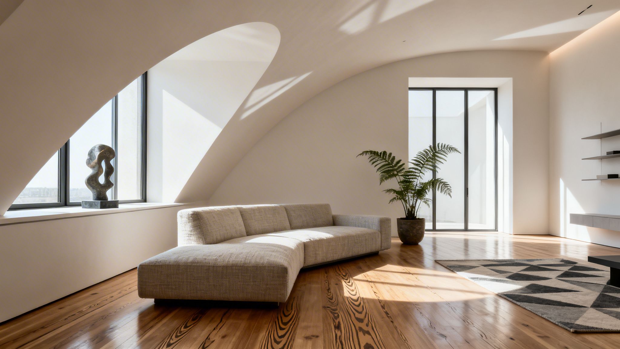 A bright, modern living room with an L-shaped sofa, large windows, and natural light.
