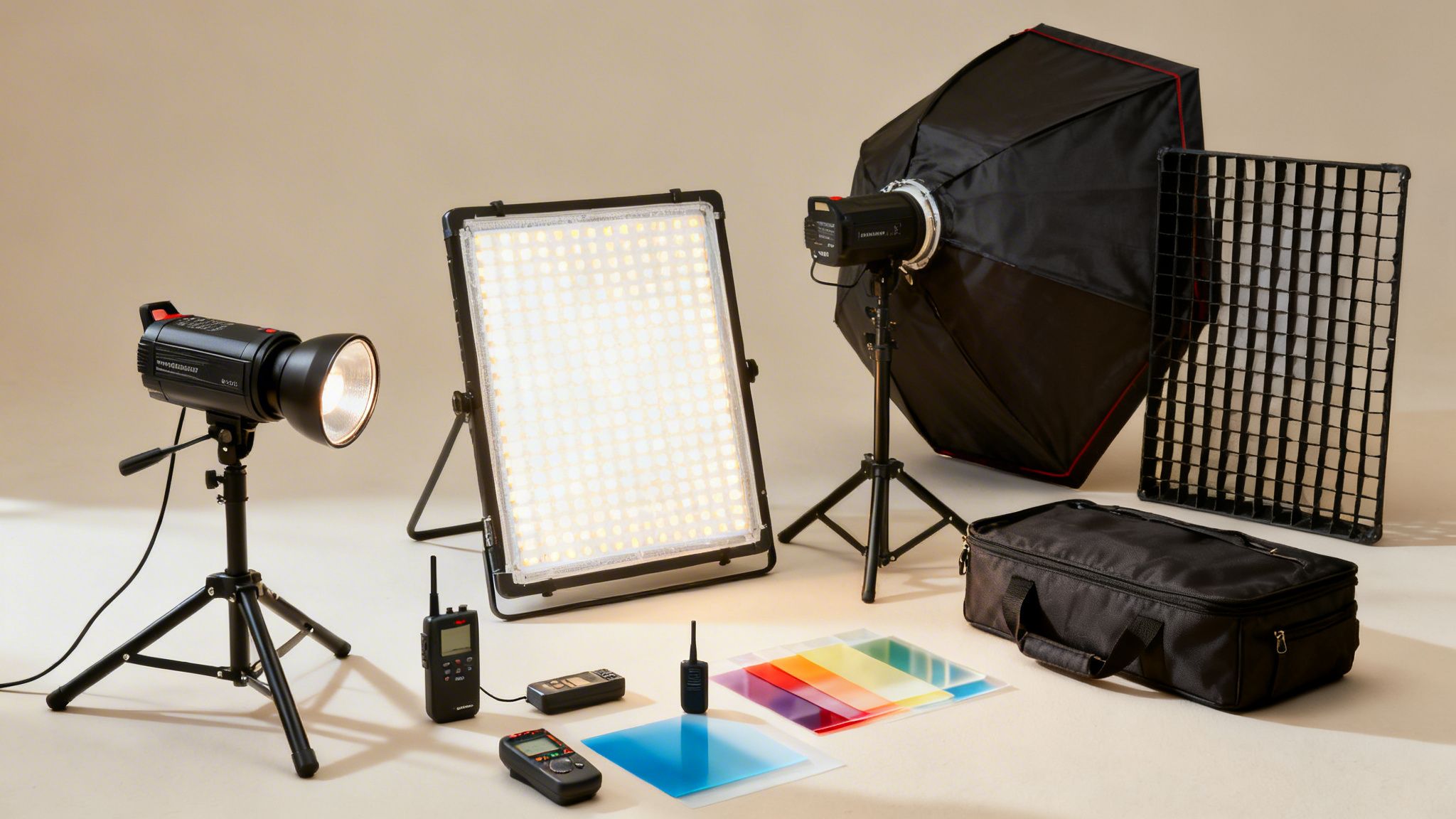 A collection of professional photography lighting equipment, including strobe lights, LED panel, and accessories.