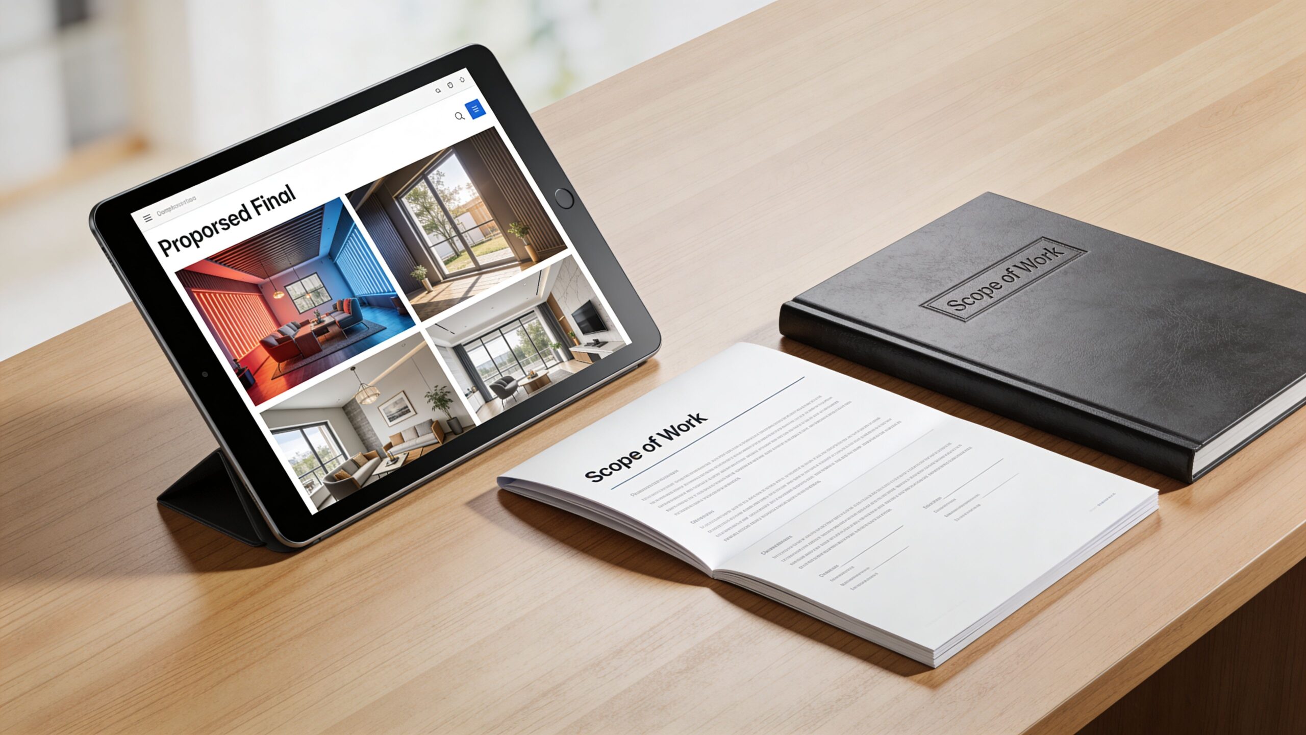A tablet and documents showing interior design concepts and project scope of work on a wooden desk.