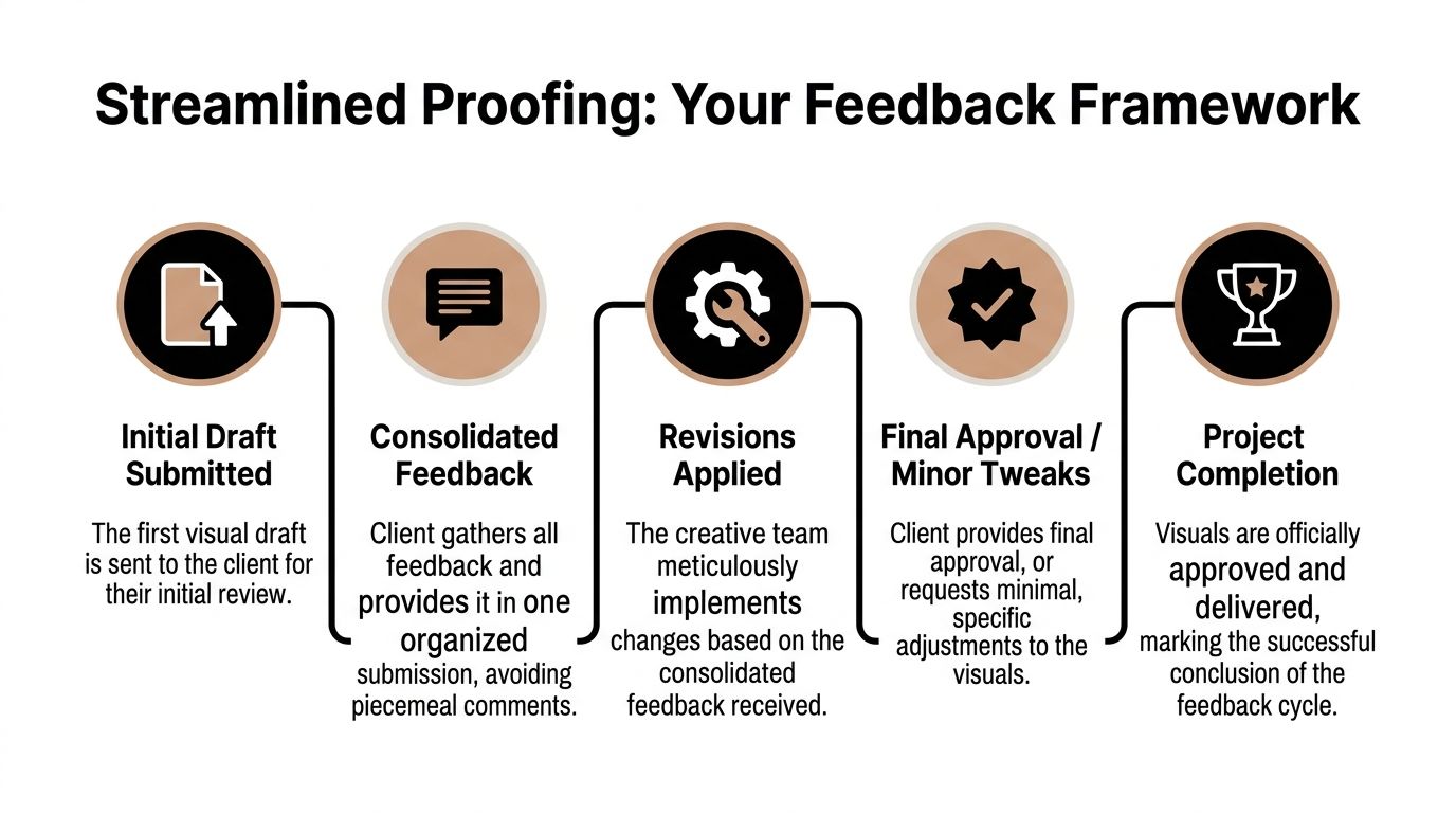 A five-step flowchart illustrating a professional process for managing client feedback on visual design projects.