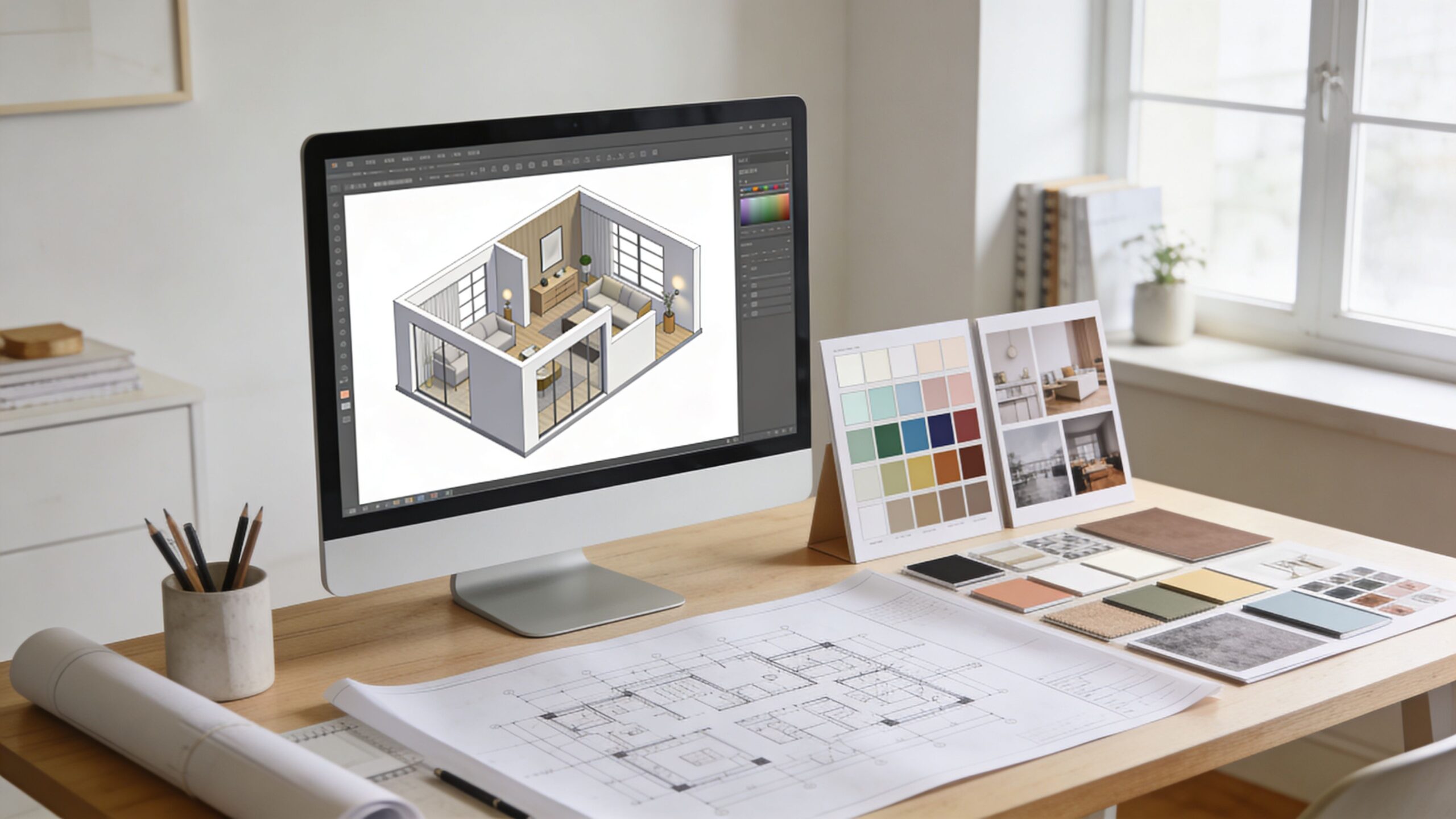 A creative workspace featuring a computer monitor with interior design software showing a 3D floor plan.