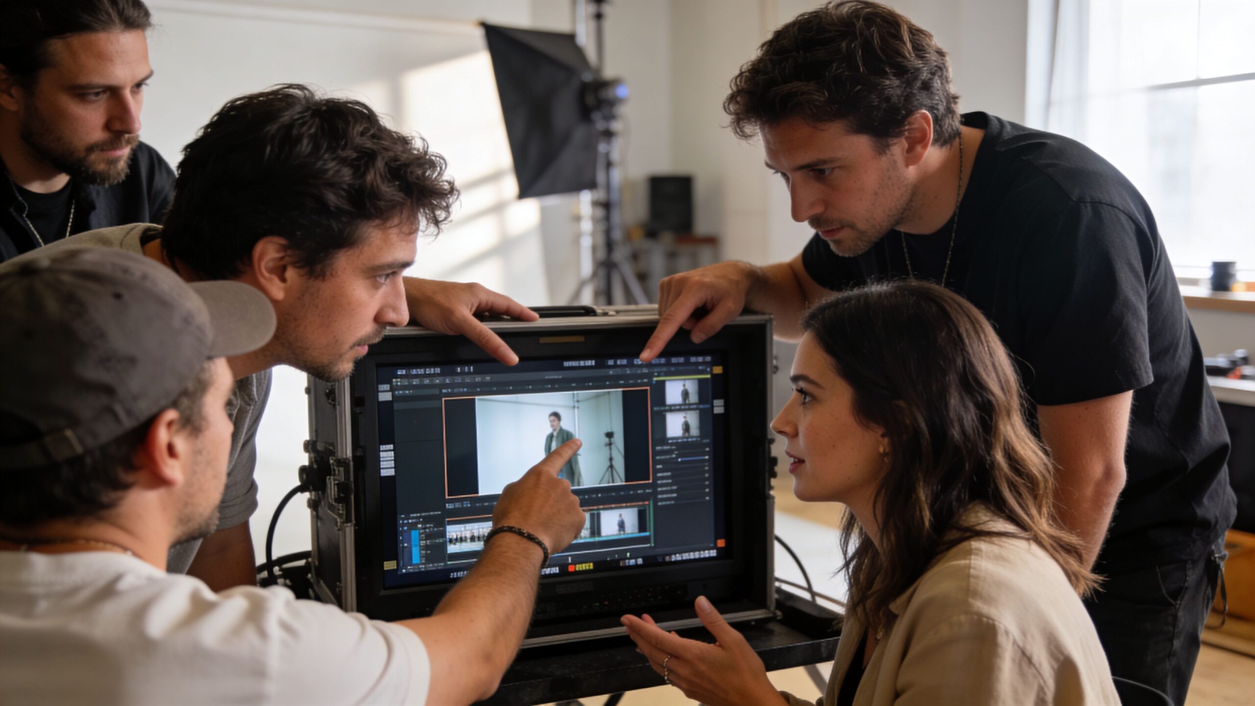 A professional video production team reviewing footage on a studio monitor during a creative photoshoot session.