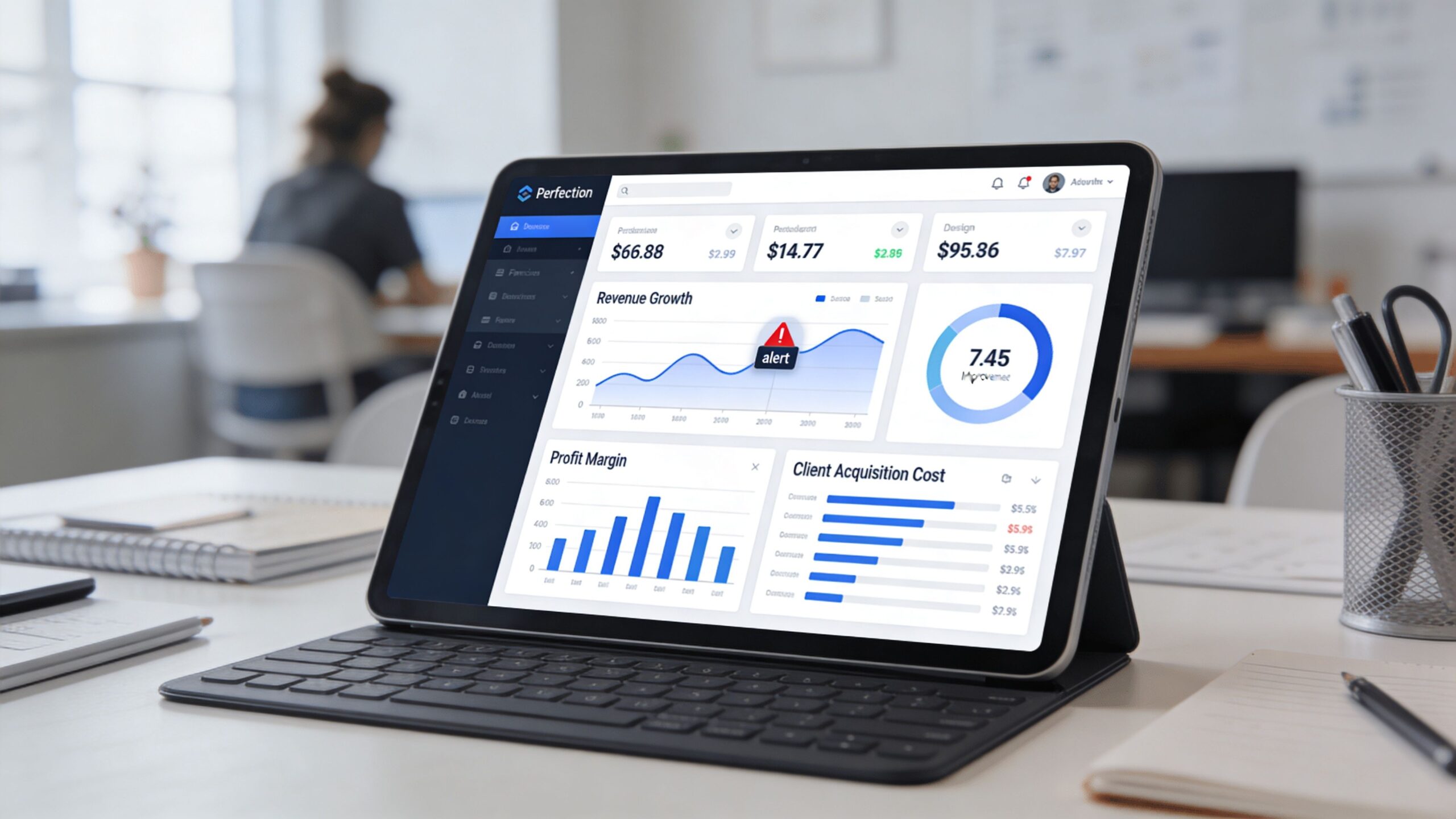 A tablet on an office desk displaying a business dashboard with performance analytics and growth charts.
