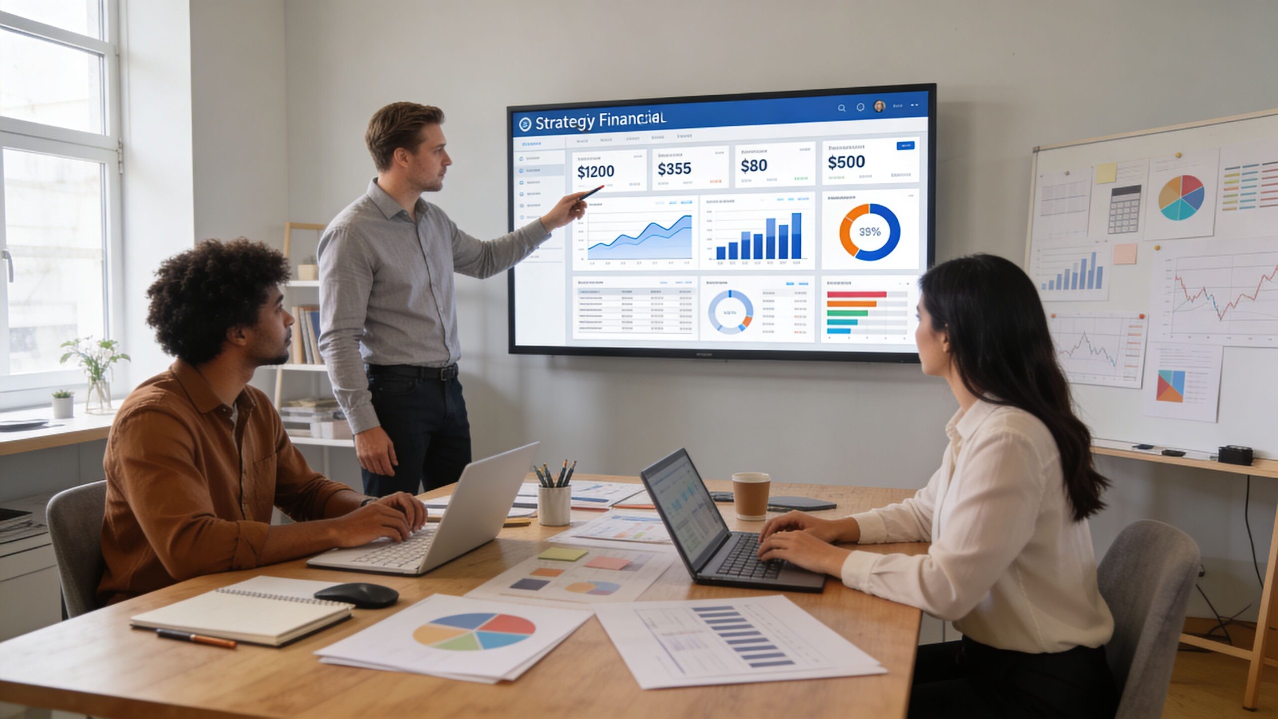 A professional team collaborating on financial strategies while reviewing data displayed on a large conference screen.