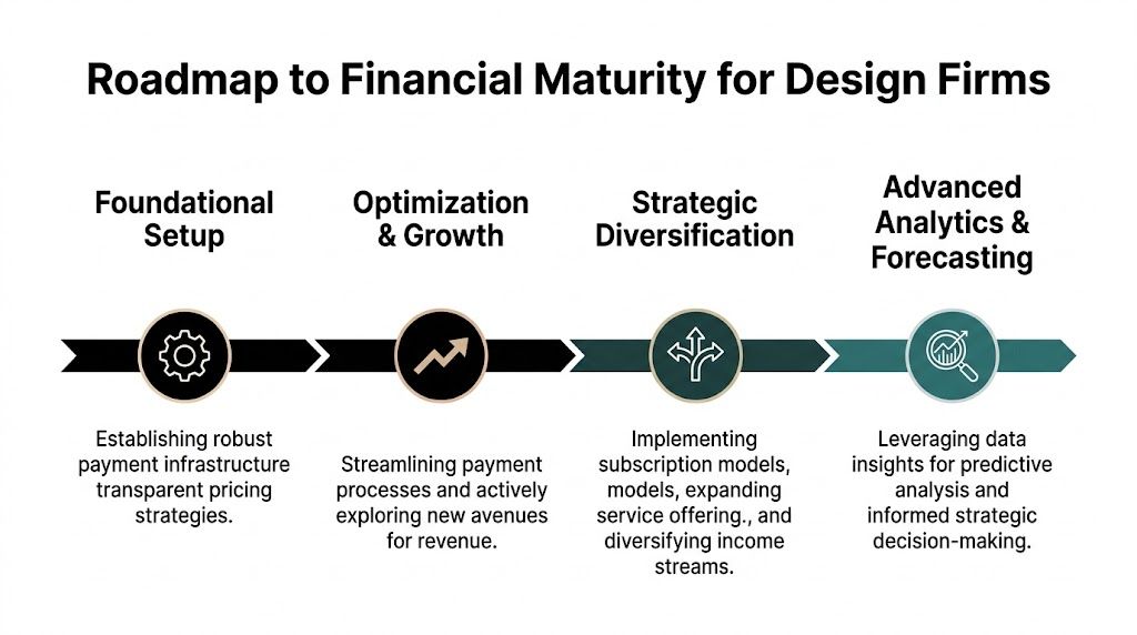 A diagram illustrating the four-stage roadmap to financial maturity for design firms with descriptive key actions.