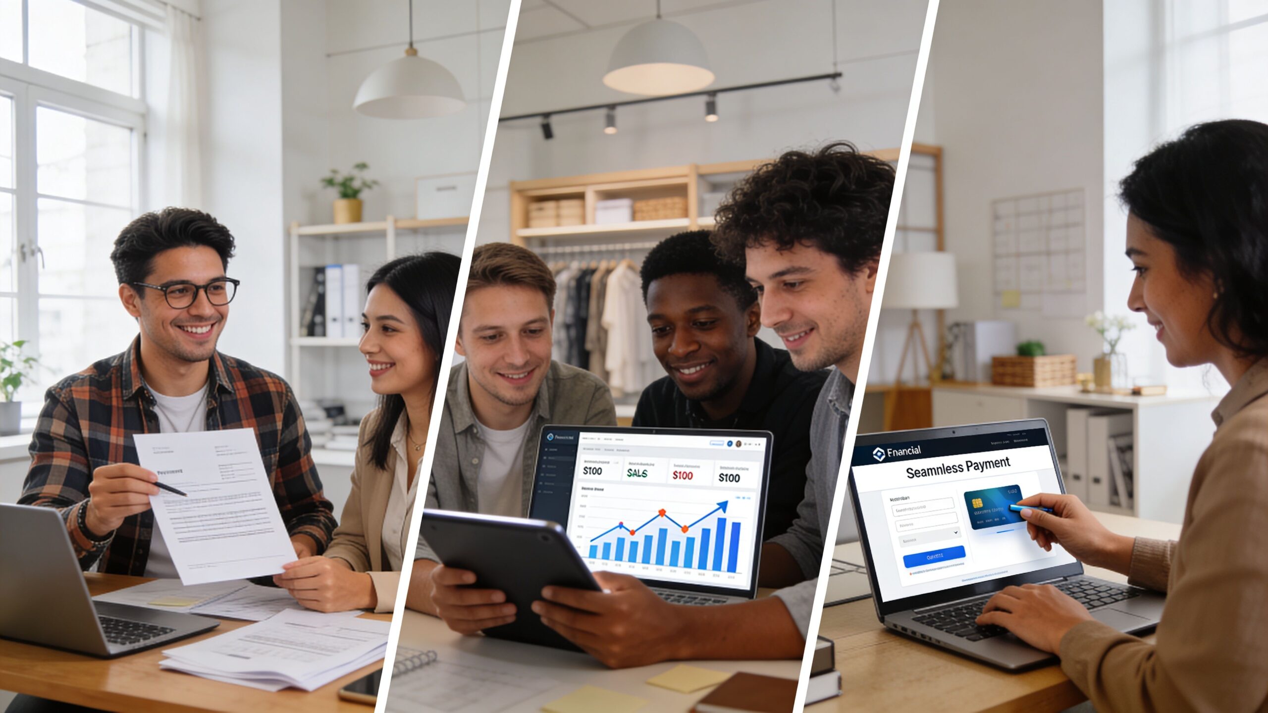 A three-panel composite image showing a team of professionals collaborating and working with financial digital software.