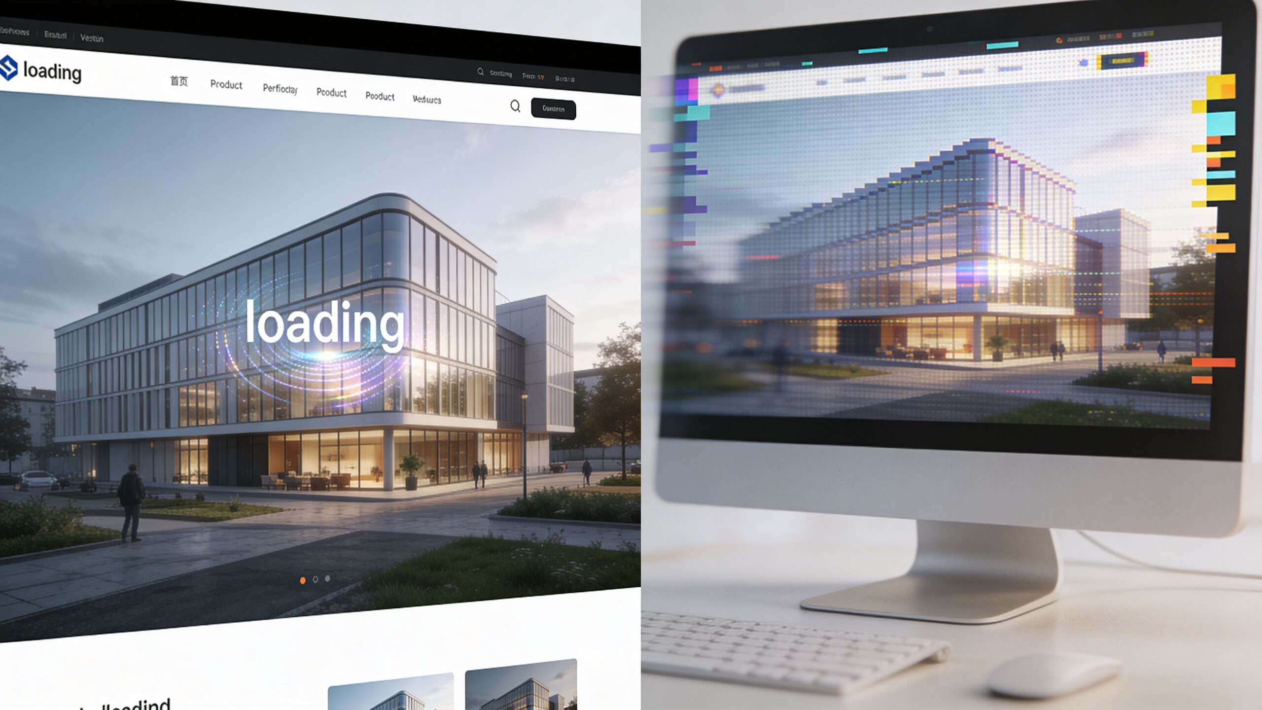 A modern website interface showcasing an architectural project on a computer monitor with digital loading elements.