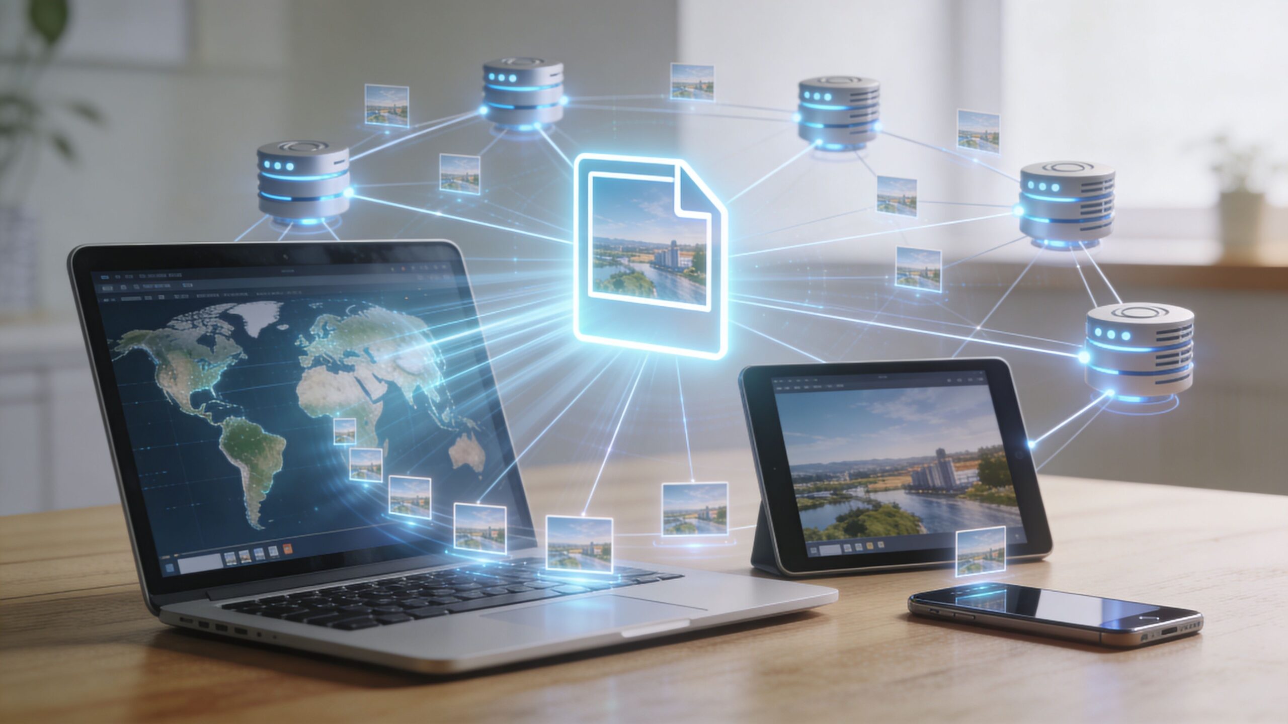 A laptop, tablet, and smartphone connected to a central file icon and digital servers via light beams.
