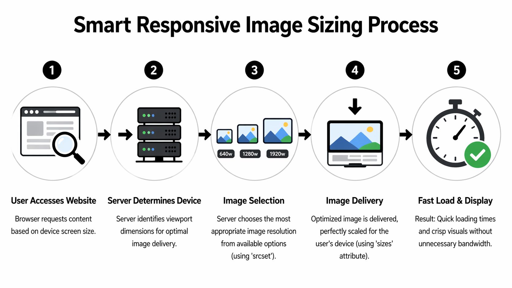 A diagram illustrating the five-step process of smart responsive image sizing for websites and optimized delivery.