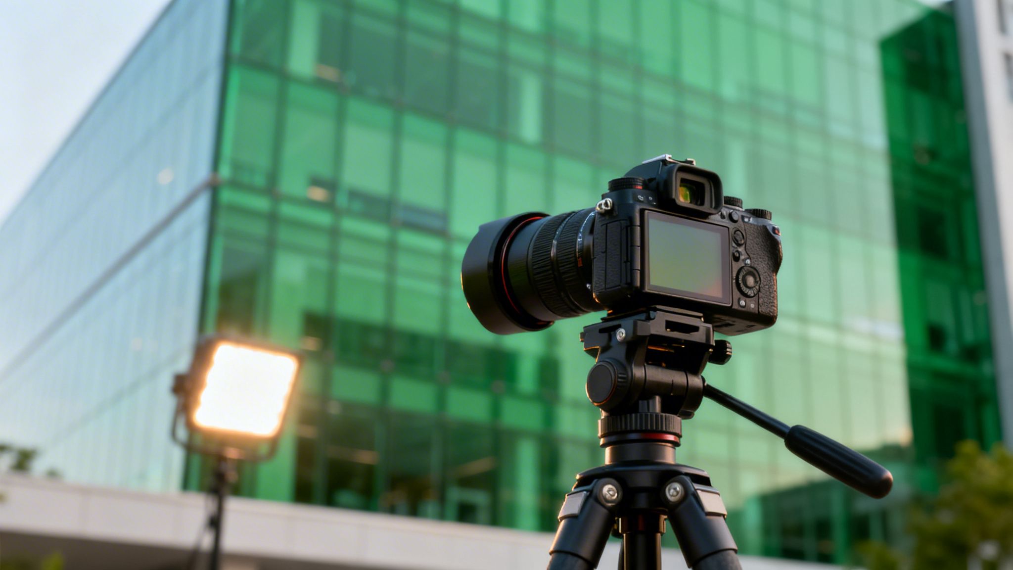 Professional camera on tripod with an LED light, filming a modern green glass building.