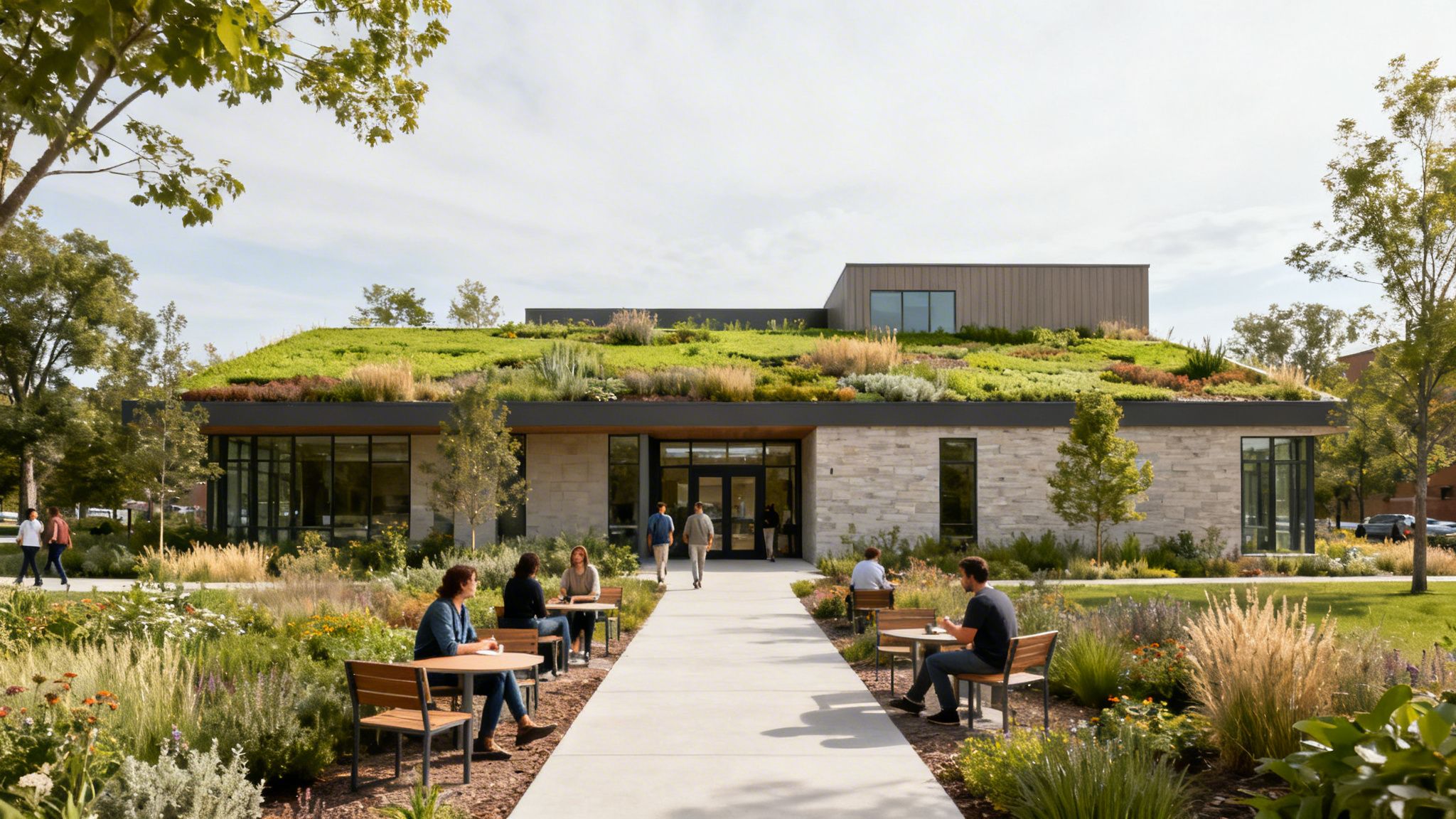 A modern building with a vibrant green roof and outdoor seating areas, surrounded by lush gardens, with people enjoying the space.