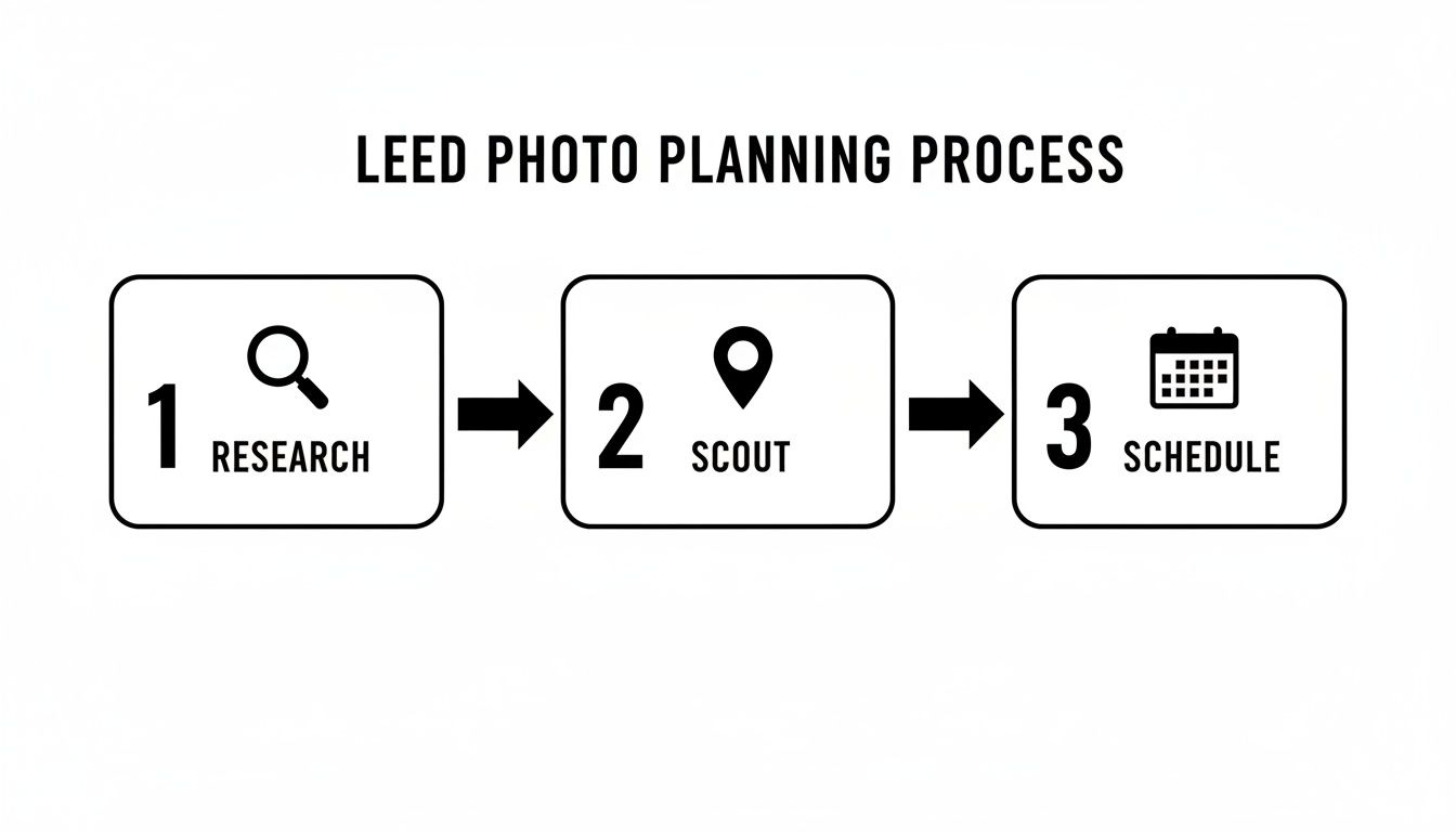 Flowchart illustrating the LEED photo planning process with three steps: Research, Scout, and Schedule.