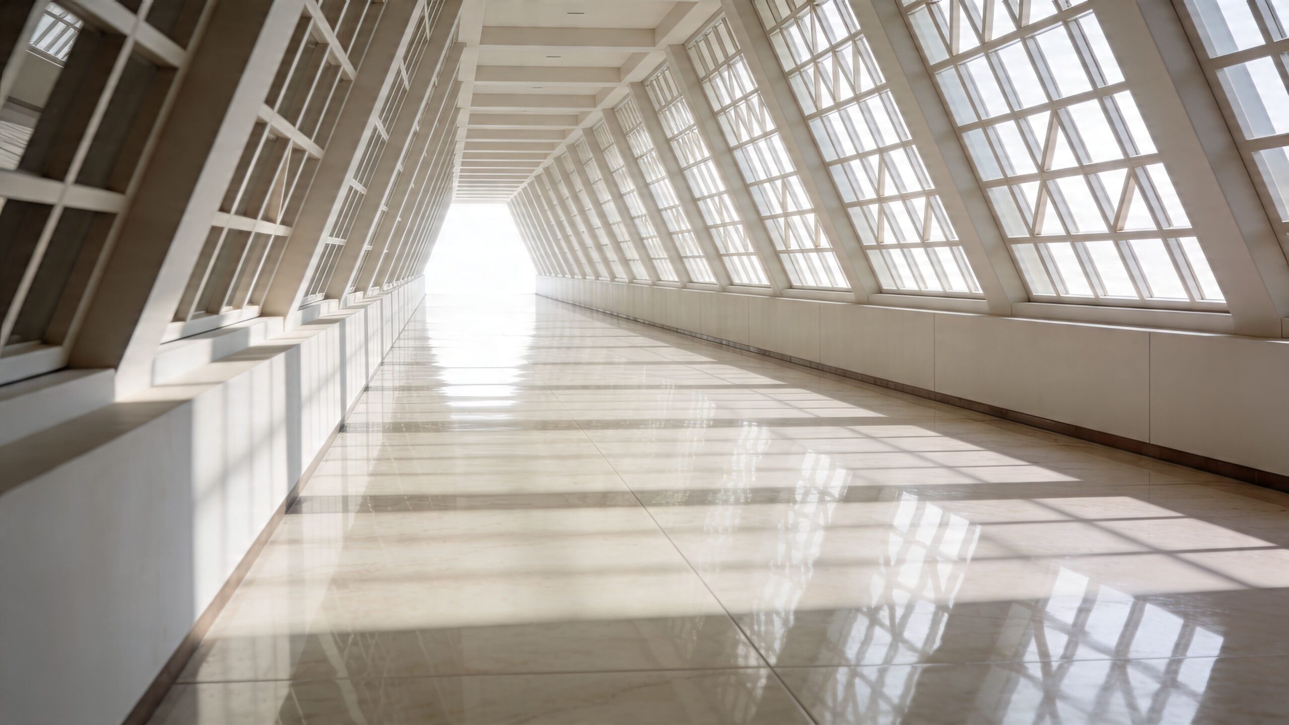 A bright, modern indoor hallway with glass-paned walls and a reflective tiled floor leading to light.