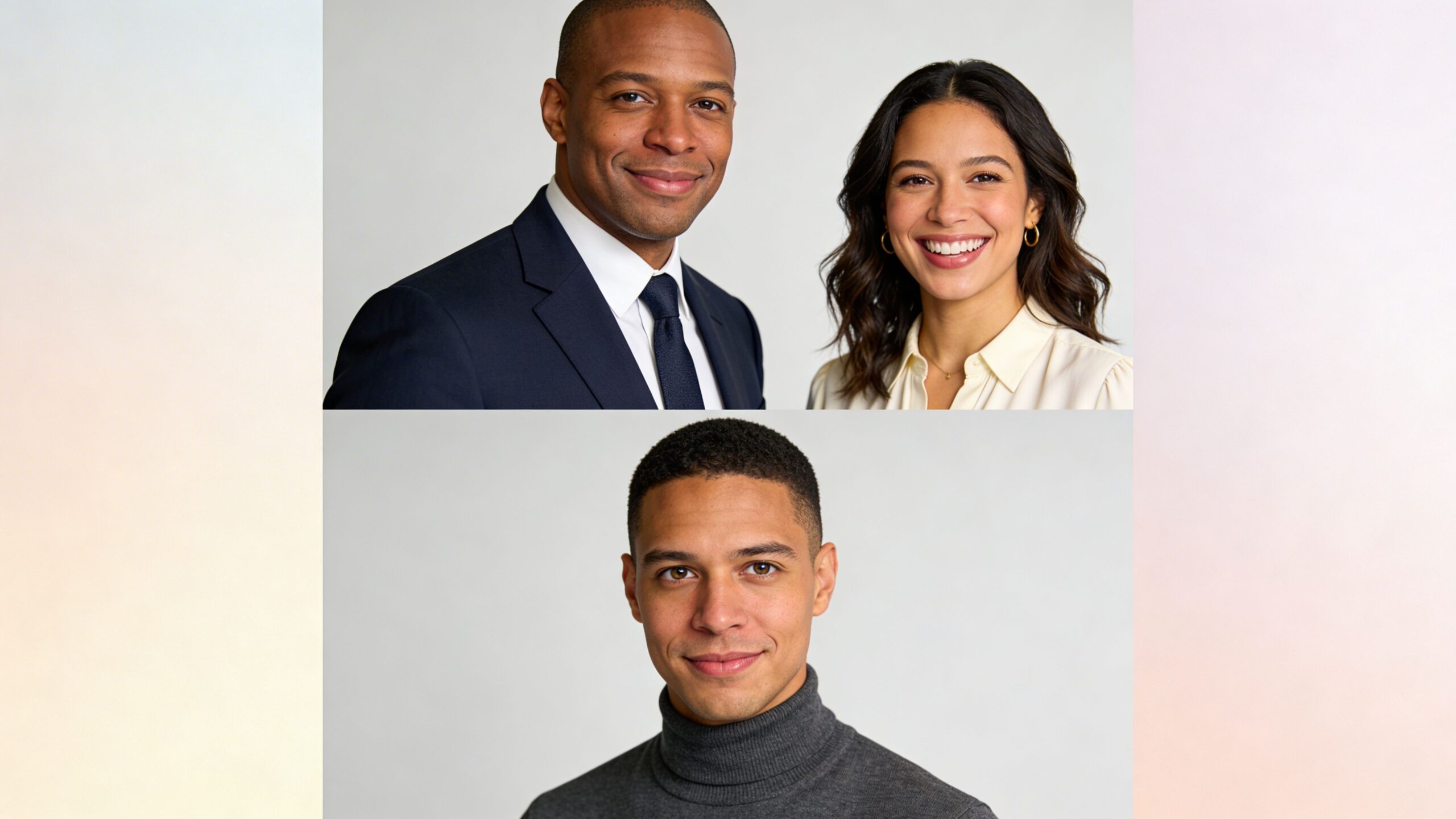 Three professional people posing for headshots against a plain light gray studio background.