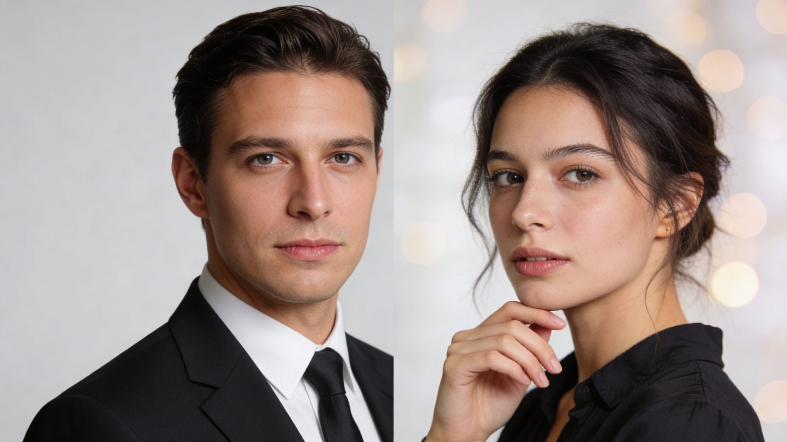 A professional split-screen image showing a man in a black suit and a woman in a blouse.