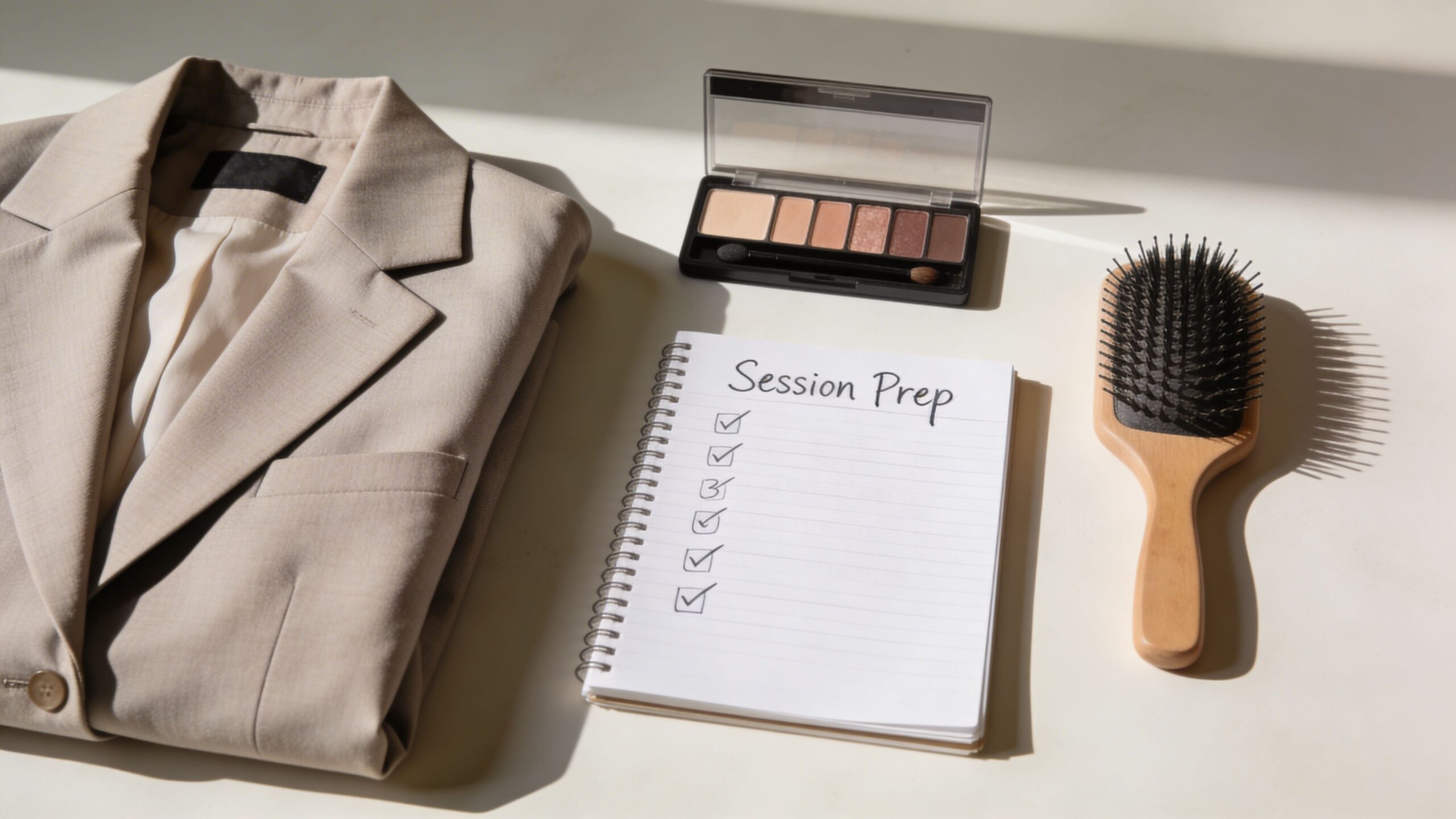 A beige blazer, a makeup palette, and a hairbrush beside a notepad titled Session Prep.