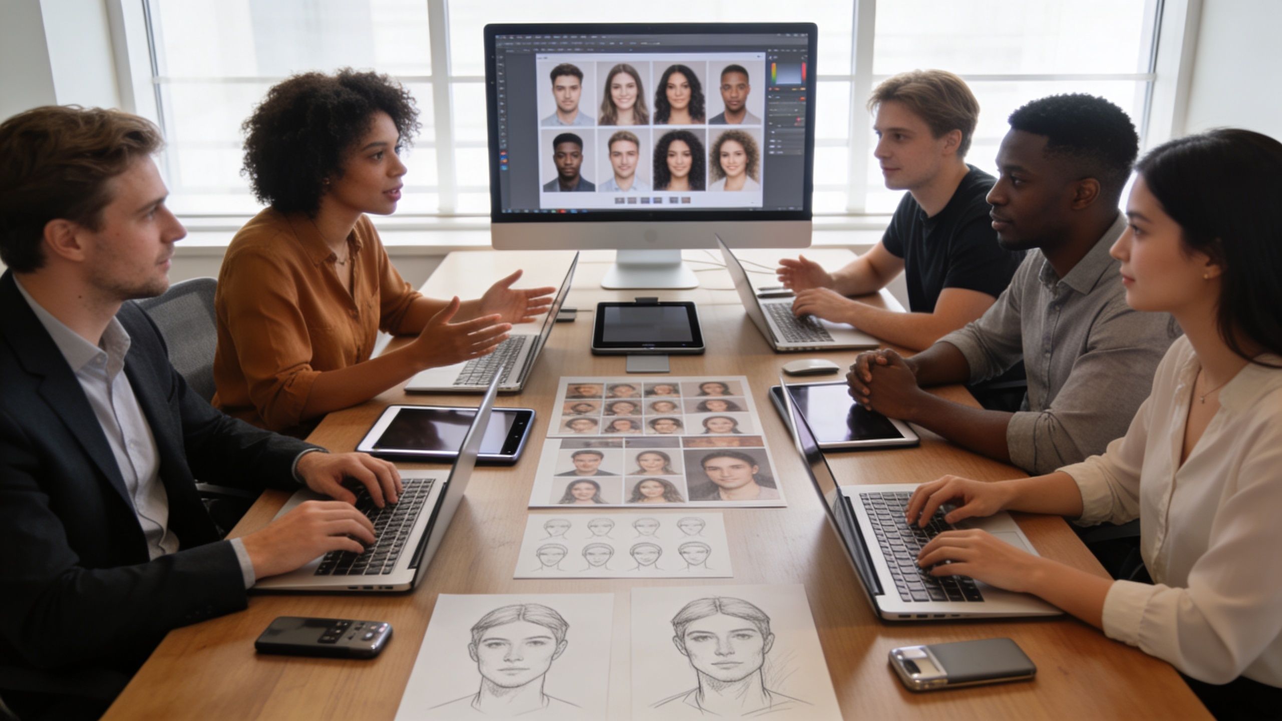 A diverse creative design team collaborating on professional headshot projects at a modern office conference table.