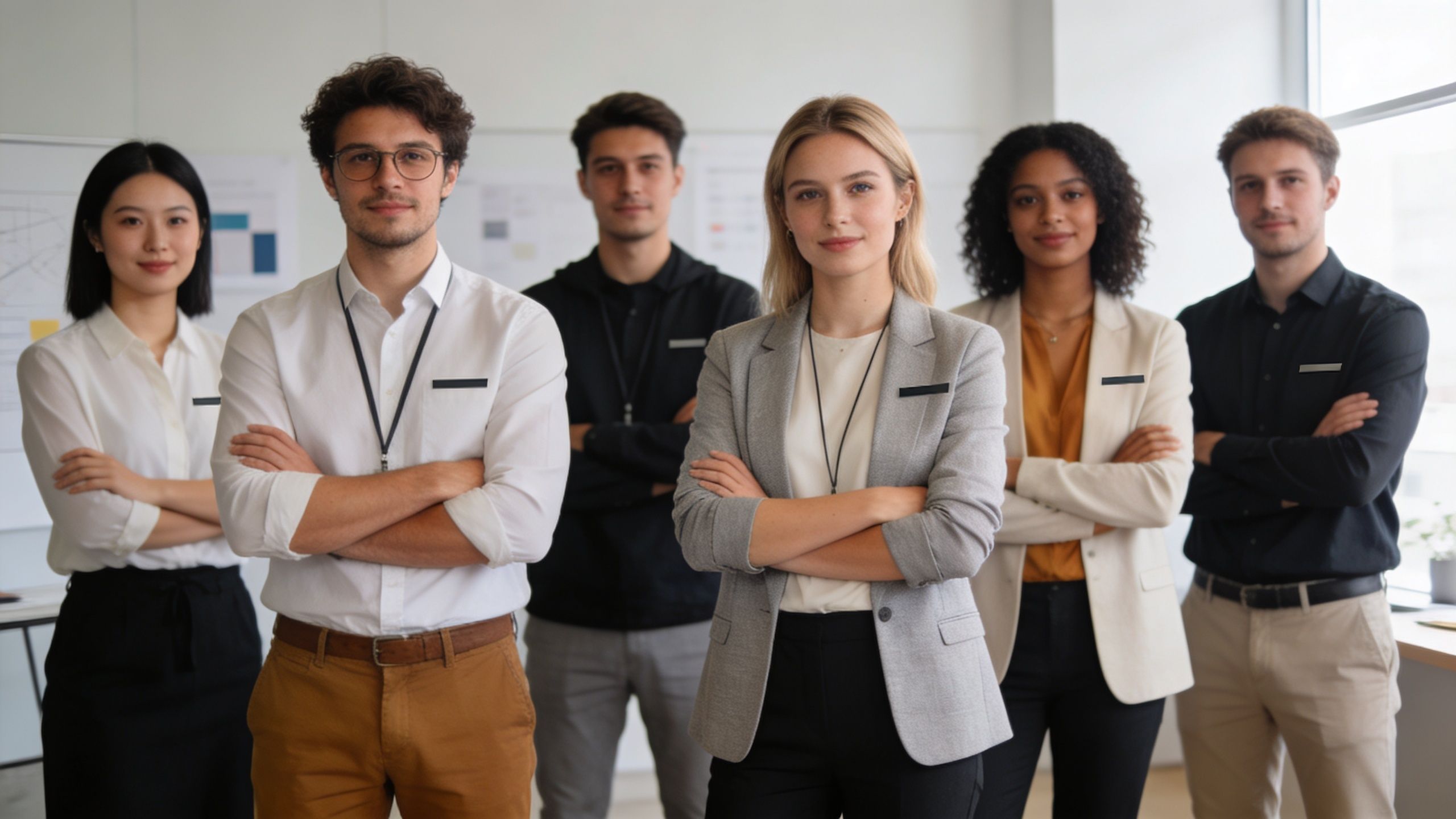 A diverse team of five professional colleagues standing together in a bright office environment.