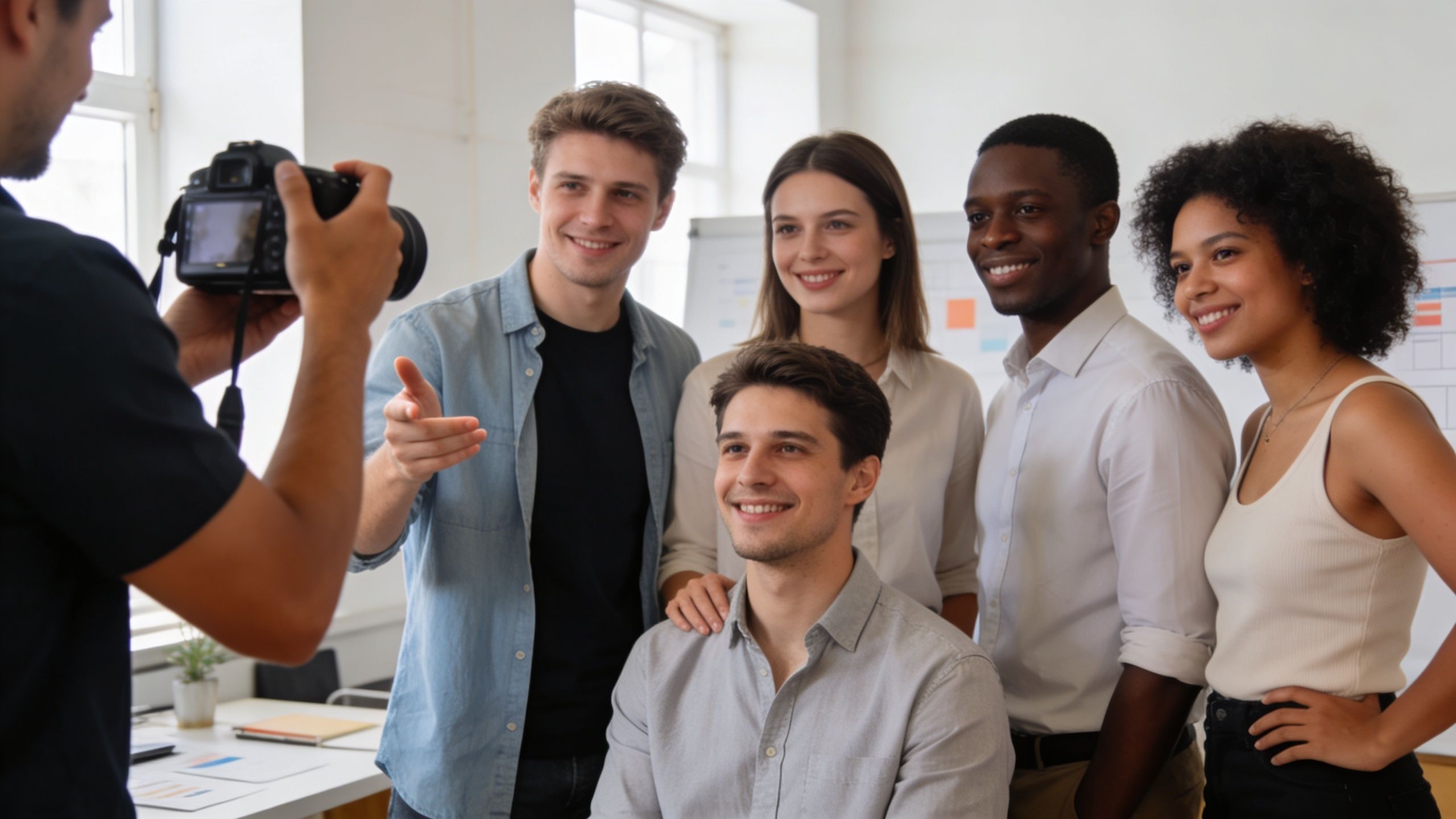 A professional photographer takes a portrait shot of a diverse creative team in a bright office.