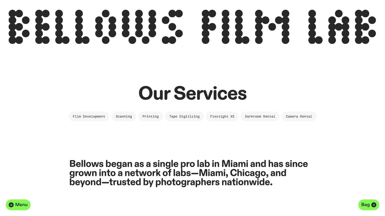 Bellows Film Lab website detailing its specialized film processing, scanning, and darkroom services for professional analog photographers in Atlanta.