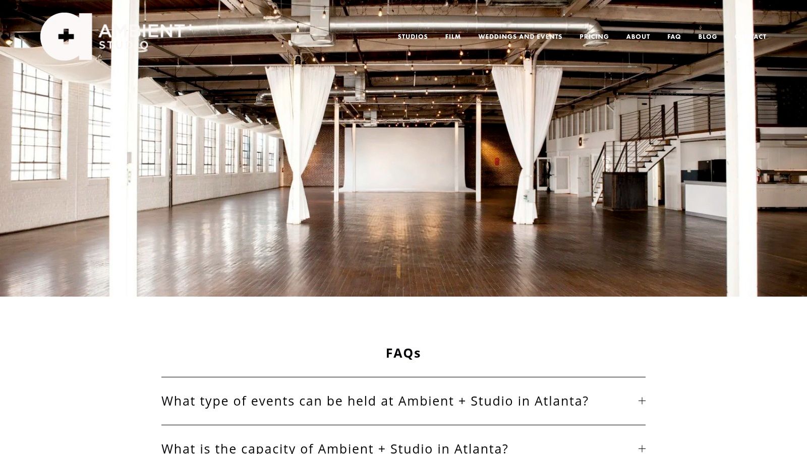 Ambient Plus Studio's website highlights its expansive, naturally-lit interior, making it a key resource for professional photo and film production in Atlanta.