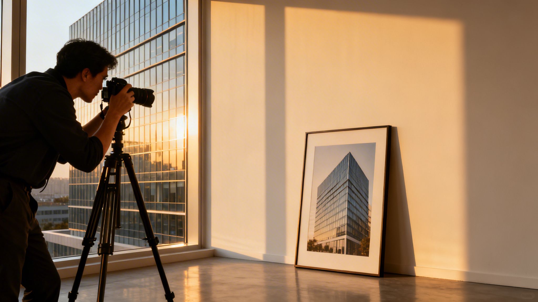 A photographer on a tripod captures a modern building at sunset, next to a framed architectural photo.