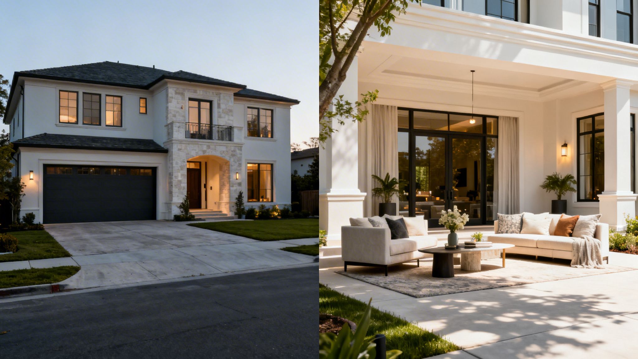 A modern white house exterior at dusk and a bright, luxurious outdoor patio with comfortable furniture.
