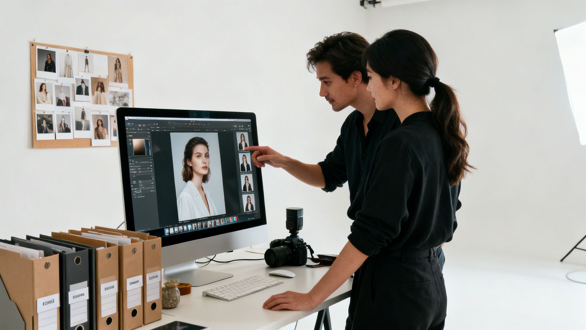 Two fashion professionals collaborate on a computer, reviewing photos in a bright photography studio.