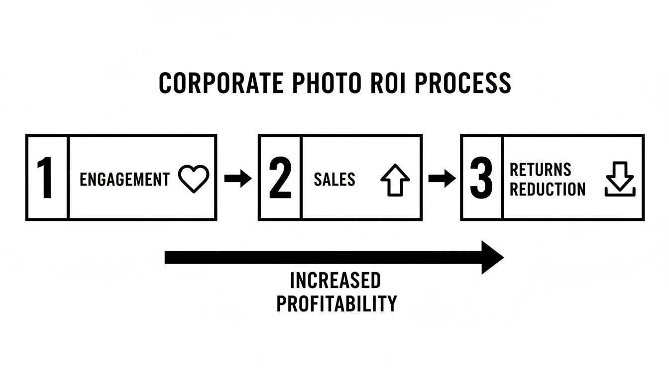 A diagram illustrates the Corporate Photo ROI process: Engagement, Sales increase, Returns reduction, leading to Increased Profitability.