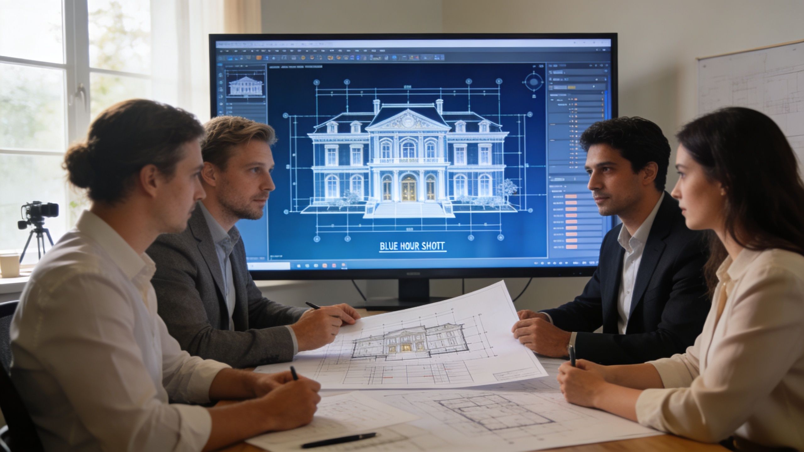 A professional team of architects reviewing house blueprints on a large digital screen and paper sketches