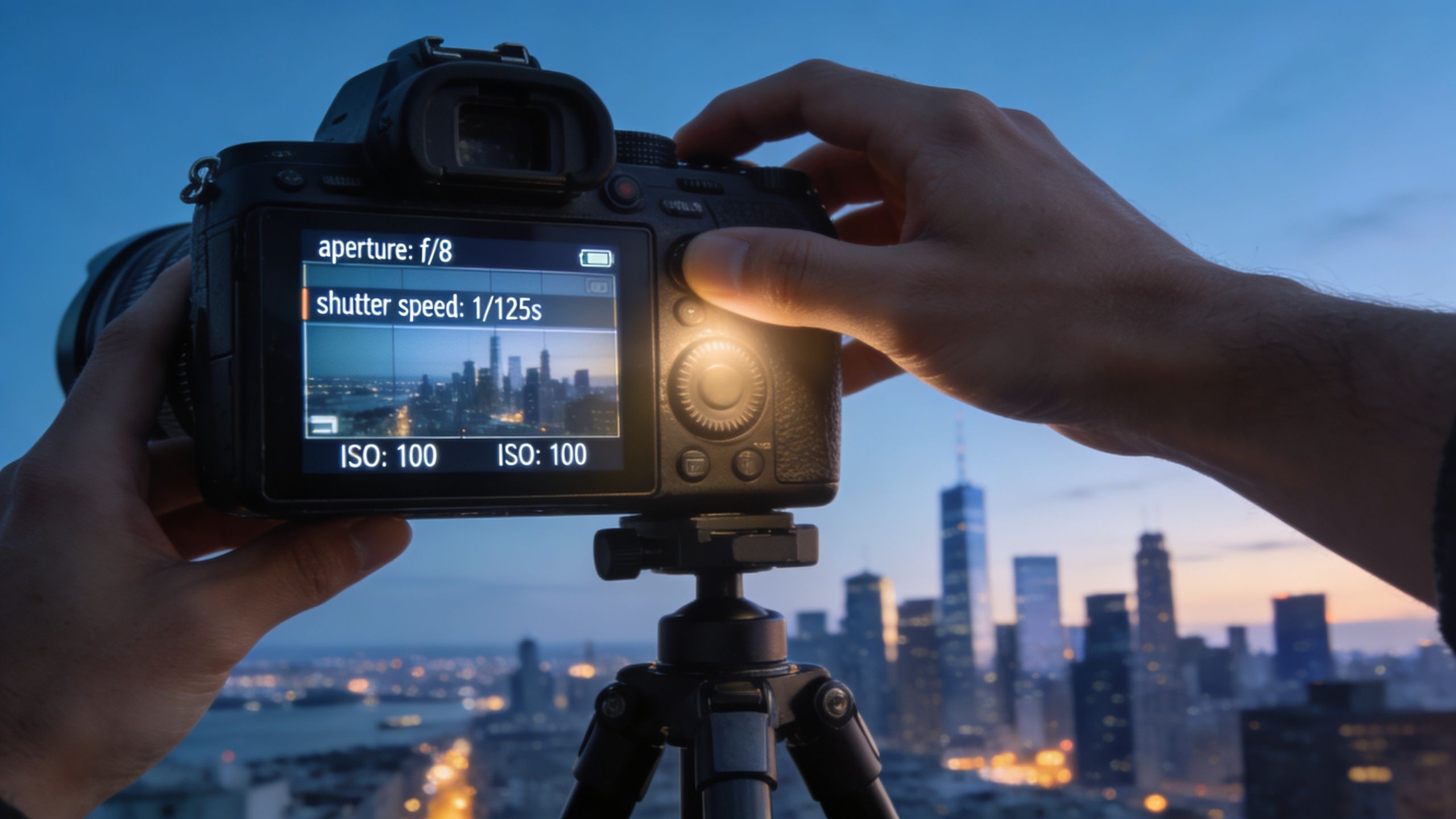 A photographer adjusting camera settings on a tripod to capture the city skyline during blue hour.