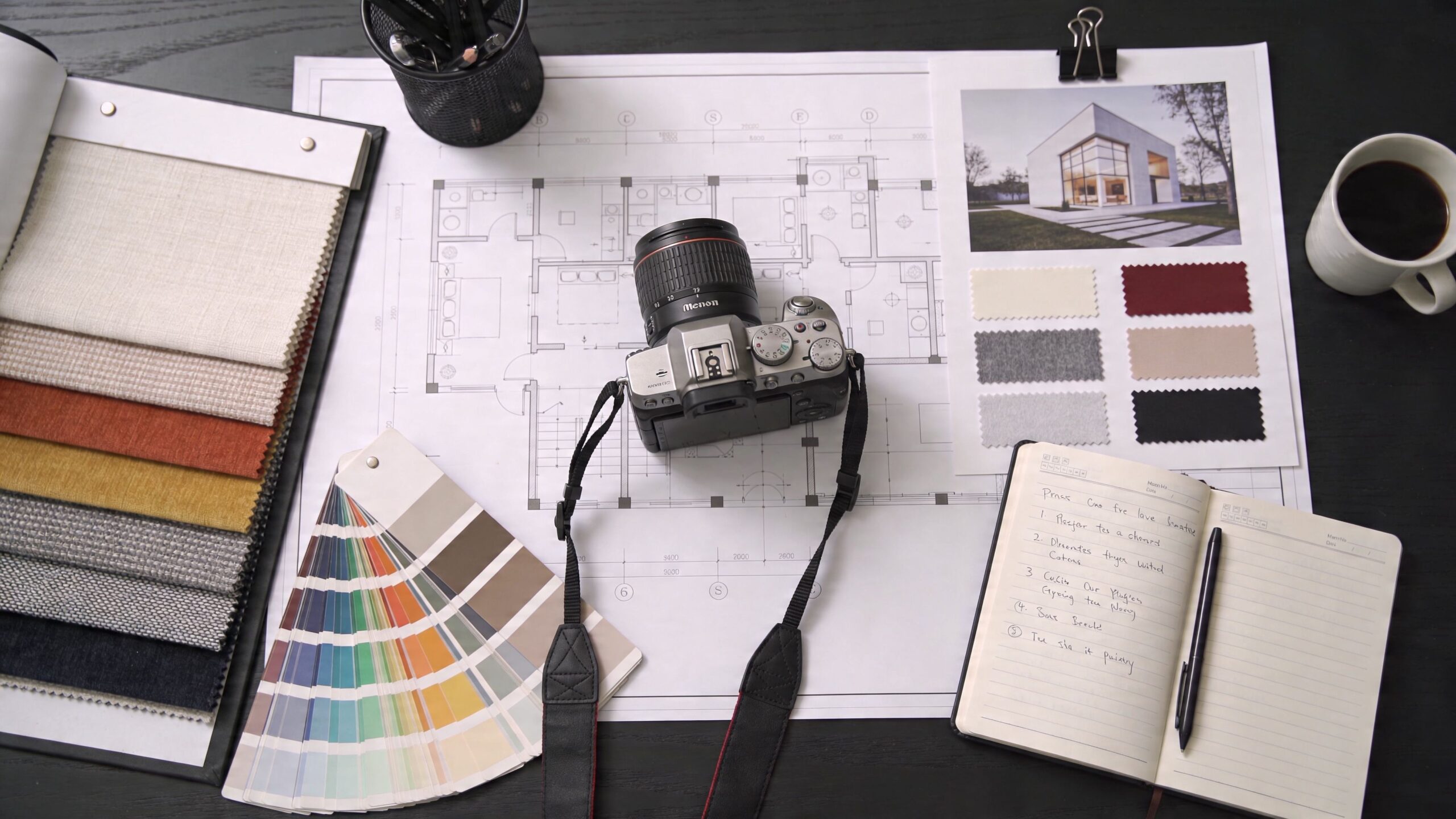 A professional interior design workspace flatlay featuring architectural blueprints, a DSLR camera, fabric swatches, and a notebook.